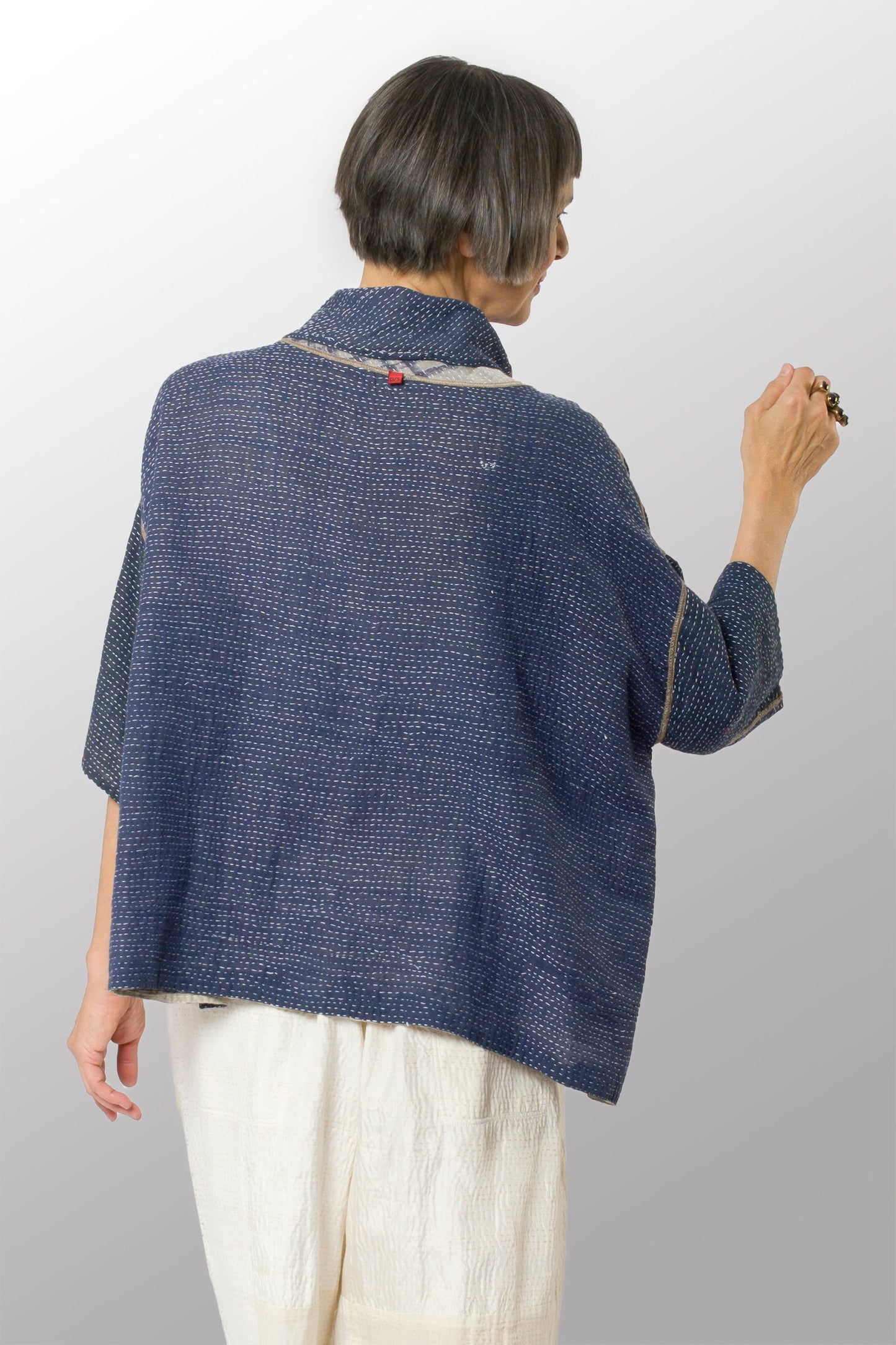 INDONESIAN PRINT VINTAGE INDIGO BACKING KANTHA COWL NECK PONCHO - bi2061-blu -