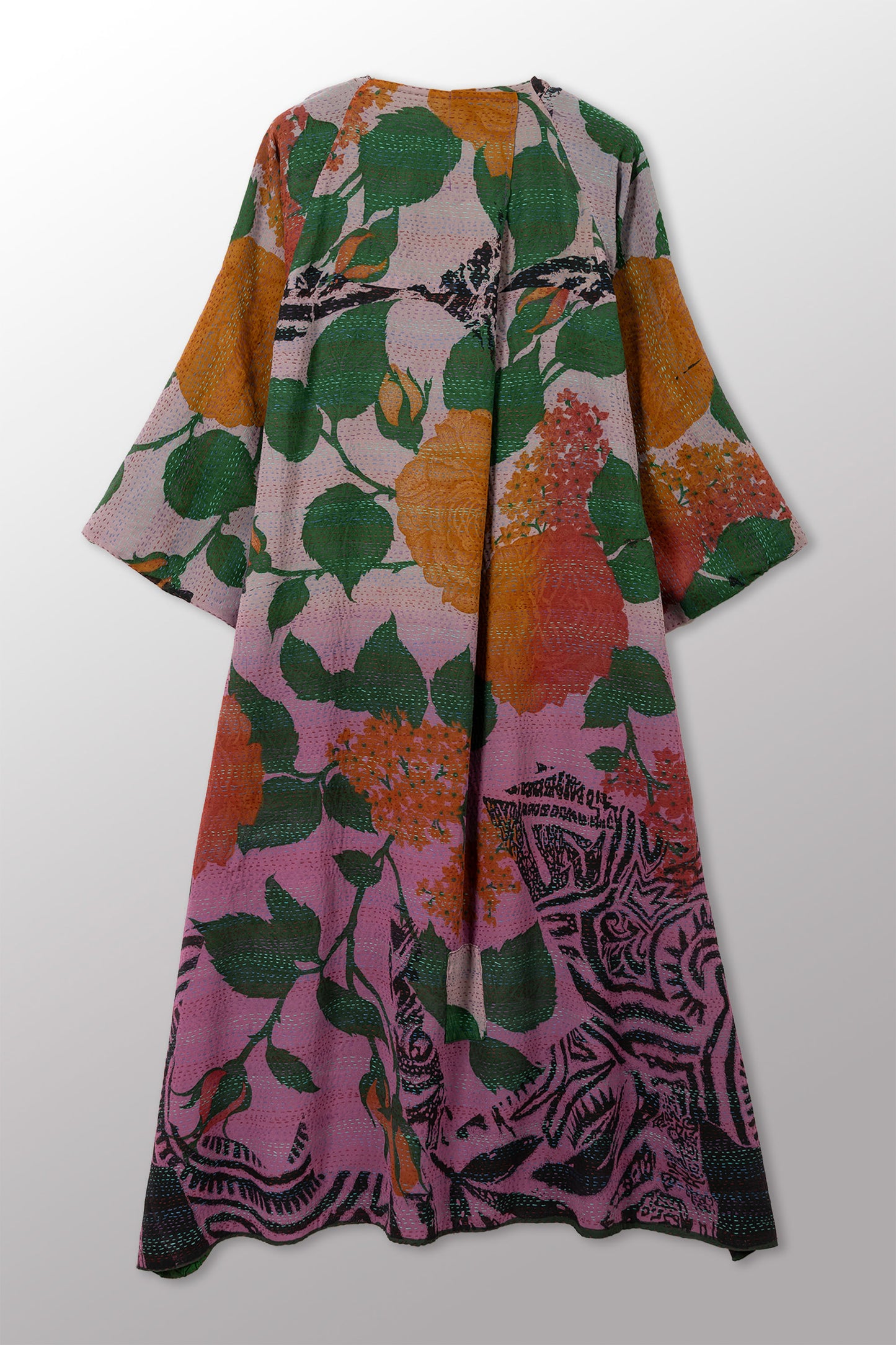 GEORGETTE JACQUARD VINTAGE SILK PATCH KANTHA KIMONO MAXI - gj2318-0001a -