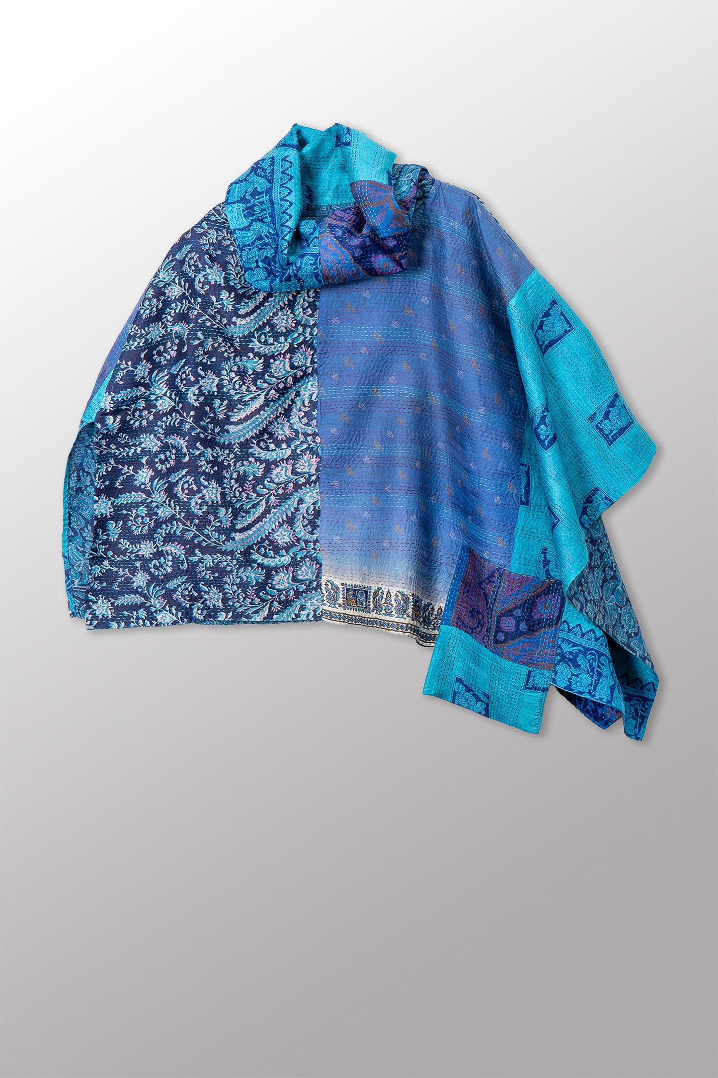 VINTAGE SILK KANTHA COWL NECK LONG CAPE - sv2842-0002a -