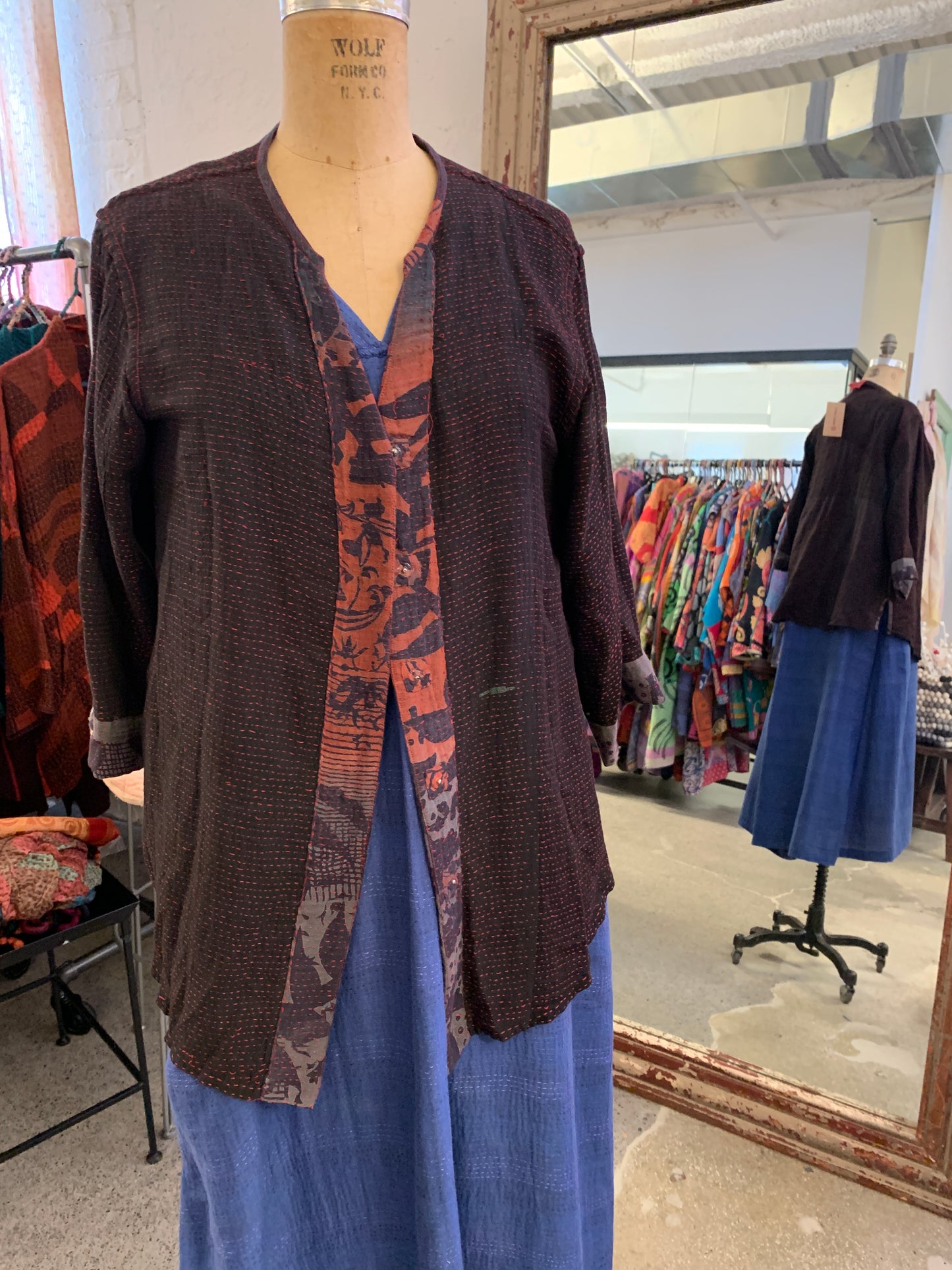 MONOTONE TWILIGHT PRINT KANTHA KURTA TOP - tp2586-red -