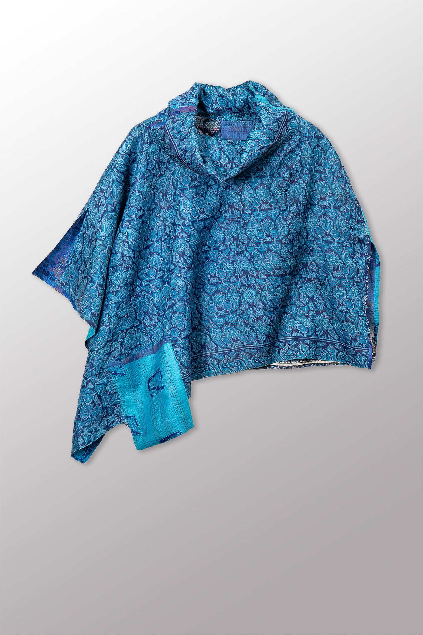 VINTAGE SILK KANTHA COWL NECK LONG CAPE - sv2842-0002a -