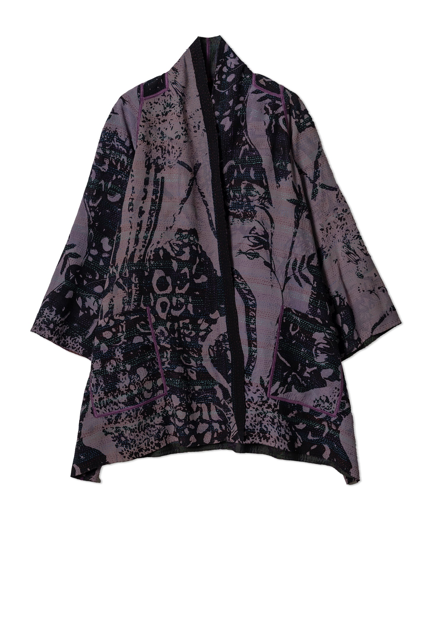 GEORGETTE JACQUARD VINTAGE SILK PATCH KANTHA A-LINE JACKET - gj2003-0004a -