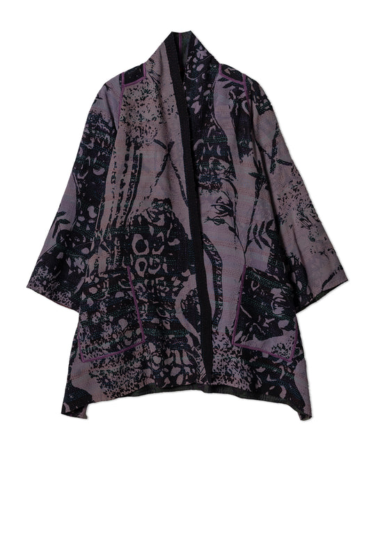 GEORGETTE JACQUARD VINTAGE SILK PATCH KANTHA A-LINE JACKET - gj2003-0004a -