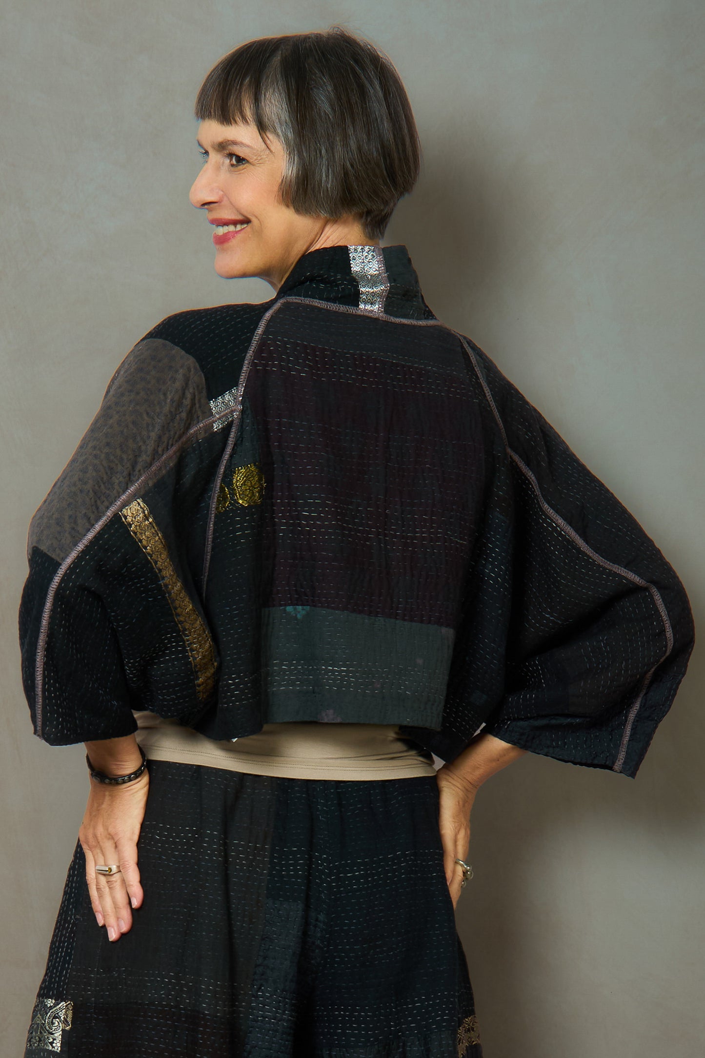 COTTON SILK SW PATCH KANTHA PUFF SLV. SHRUG - ws2062-blk -