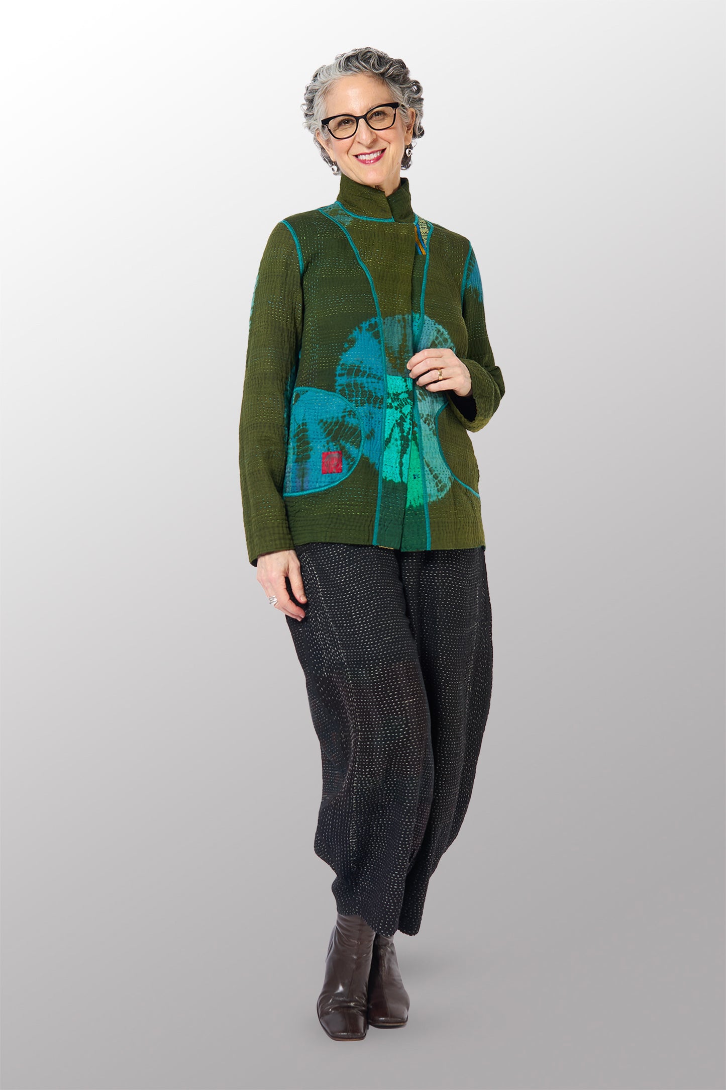 SHIBORI TIE DYE COTTON SILK SW PATCH KANTHA SIMPLE JKT - st-ws4022-grn -