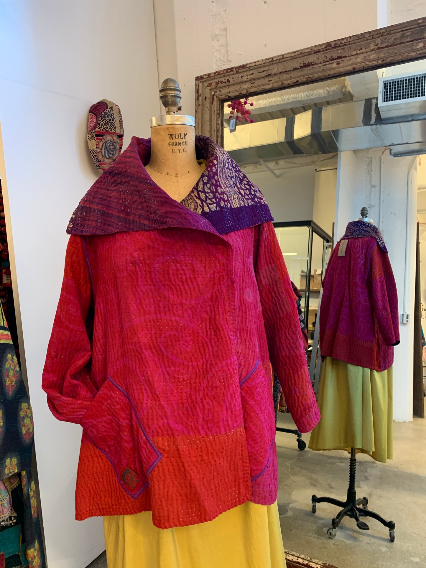 VINTAGE SILK GEORGETTE COTTON KANTHA FLARE JACKET - gc4010-0001a -