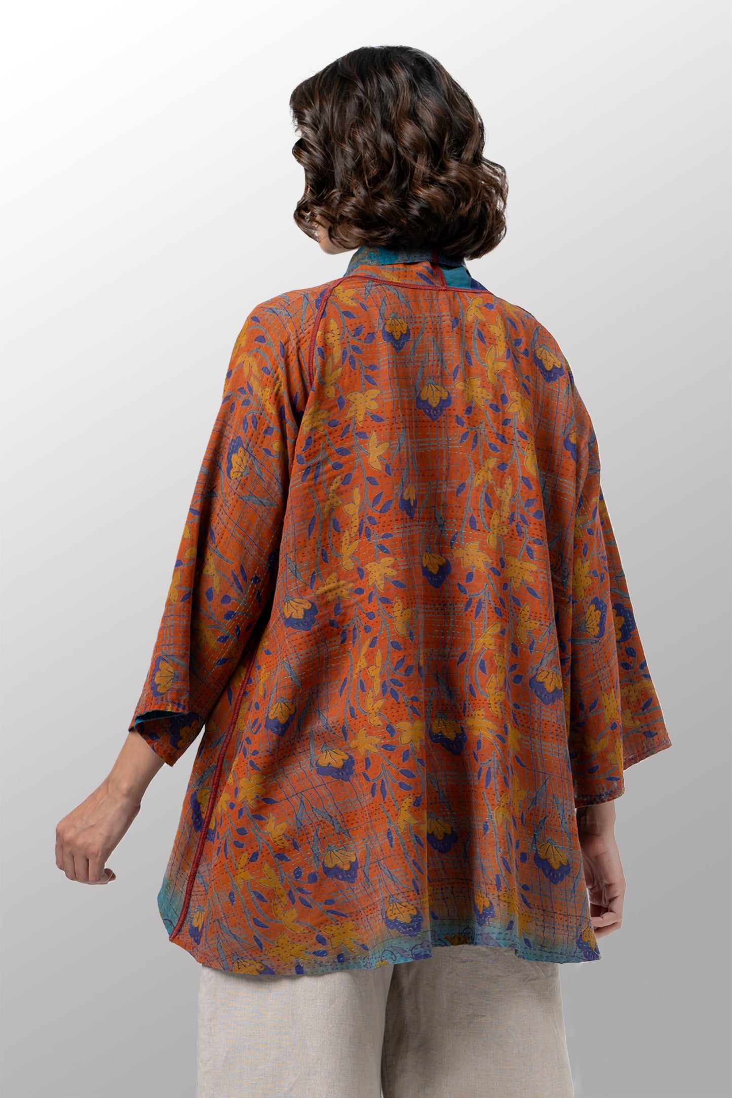 VINTAGE SILK GEORGETTE COTTON KANTHA KIMONO JKT - gc2004-0008a -