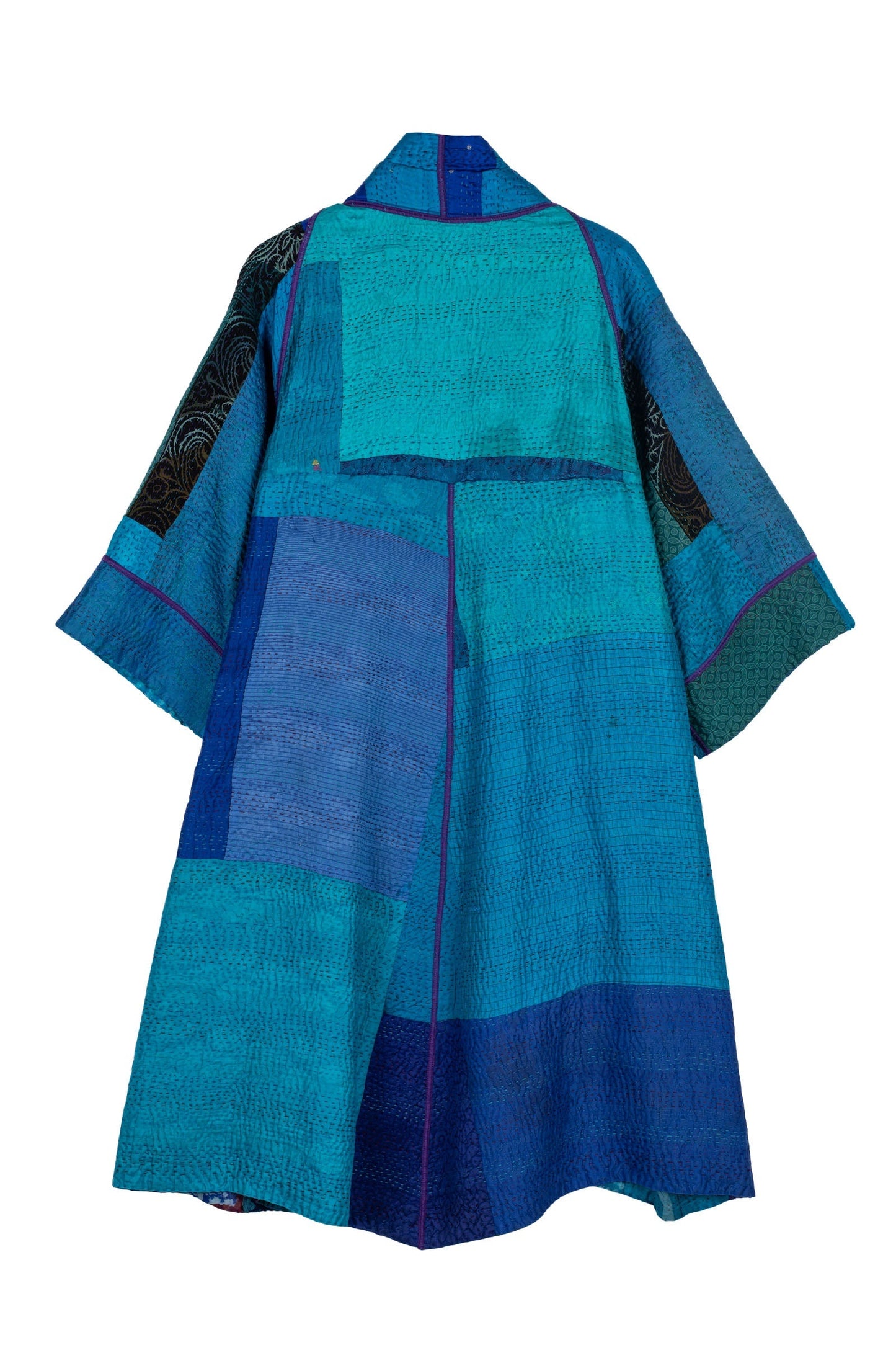 JACQUARD SILK KANTHA  3/4 SLV. A-LINE DUSTER - js4324-blu -