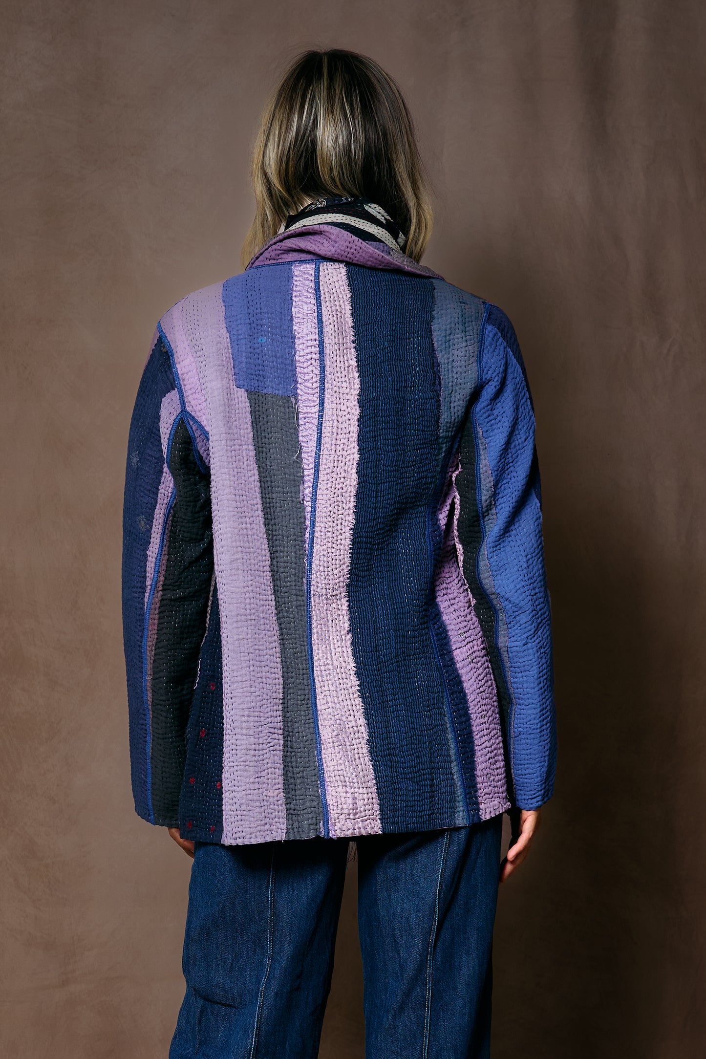 COTTON STRIPE PATCH KANTHA BASIC JACKET - cs4052-prp -