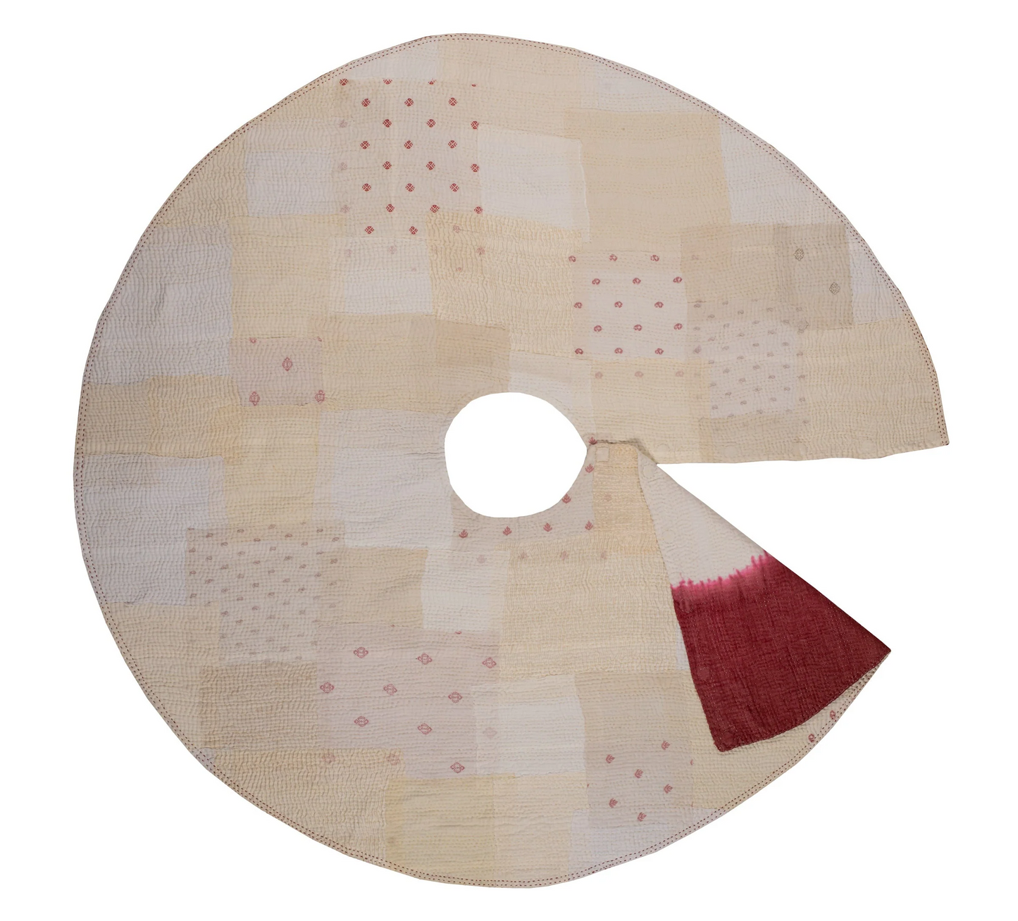 Frayed Patch With Ombre Kantha Christmas Tree Skirt -Red & White -