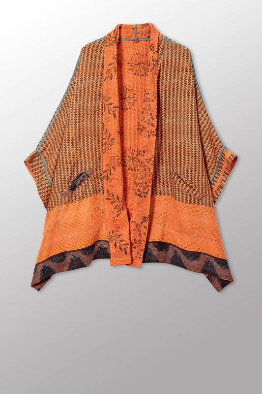 VINTAGE COTTON & NEW VOILE KANTHA DOUBLE COLLAR PONCHO - cn2323-0001a -