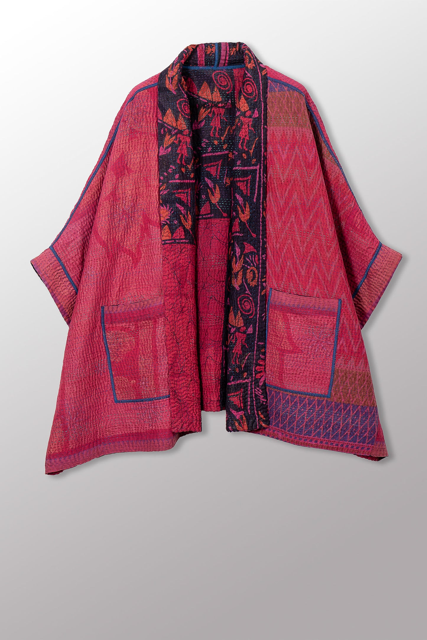 COTTON OVERDYE KANTHA DOUBLE COLLAR PONCHO - ov4323-cfus002a -