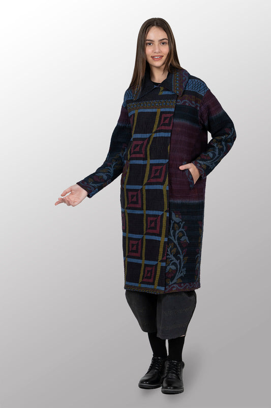 QUILTED OVERDYE COTTON KANTHA DOUBLE BREST LONG COAT - oq5340-cred001a -