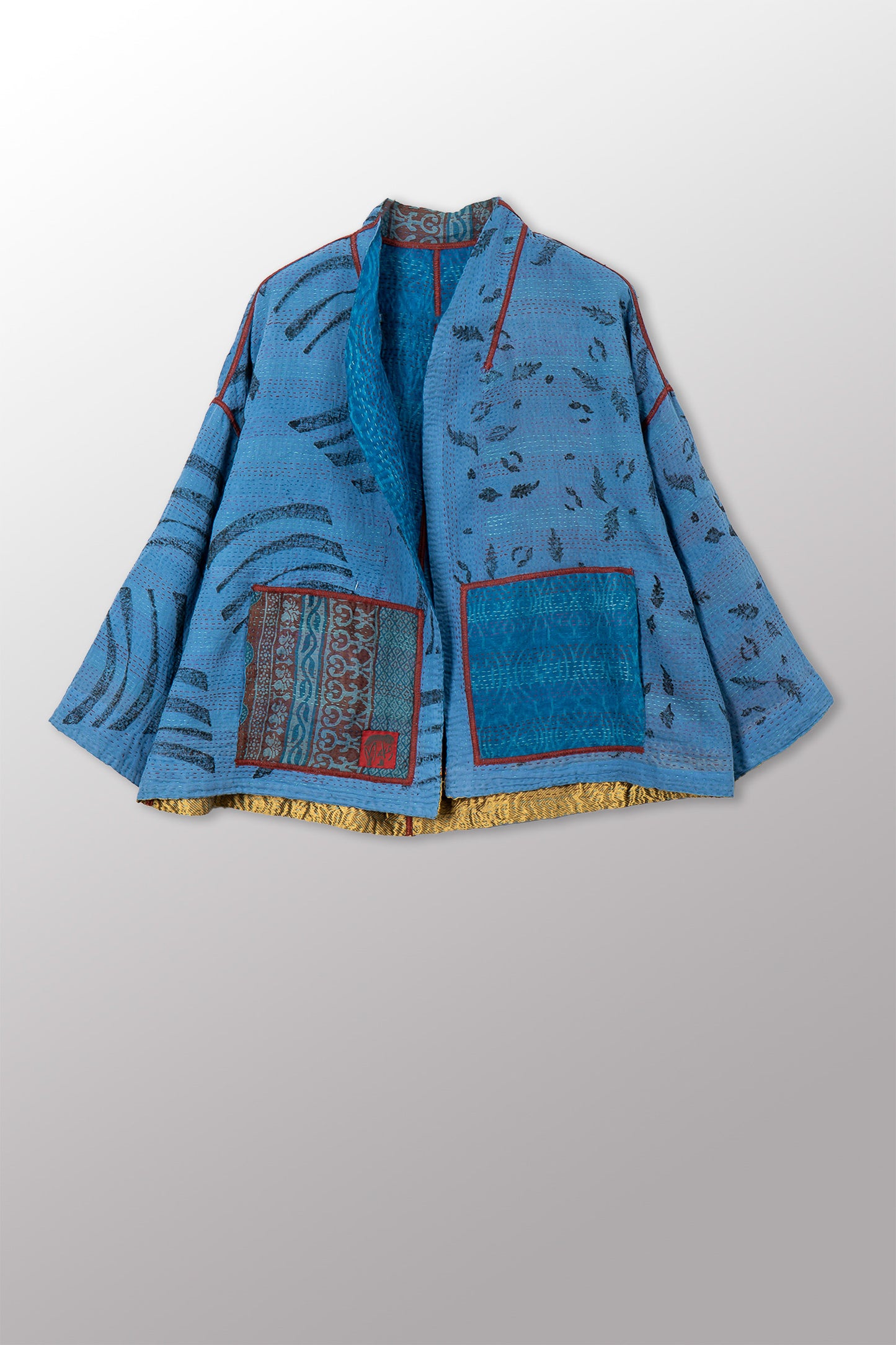 VINTAGE COTTON & NEW VOILE KANTHA STAND COLLAR CROPPED JACKET - cn2034-0002a -