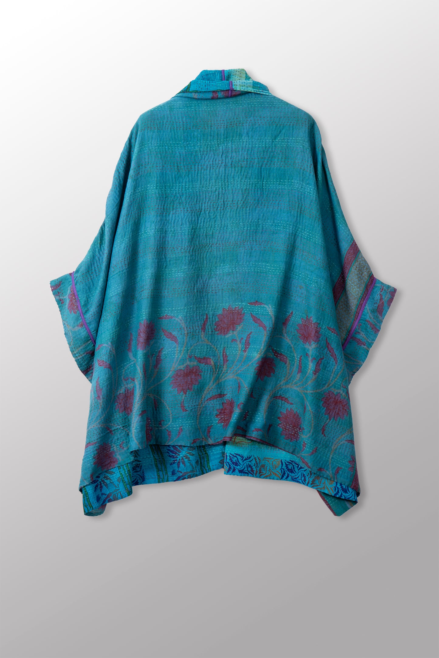 VINTAGE SILK GEORGETTE COTTON KANTHA DOUBLE COLLAR PONCHO - gc2323-0002a -