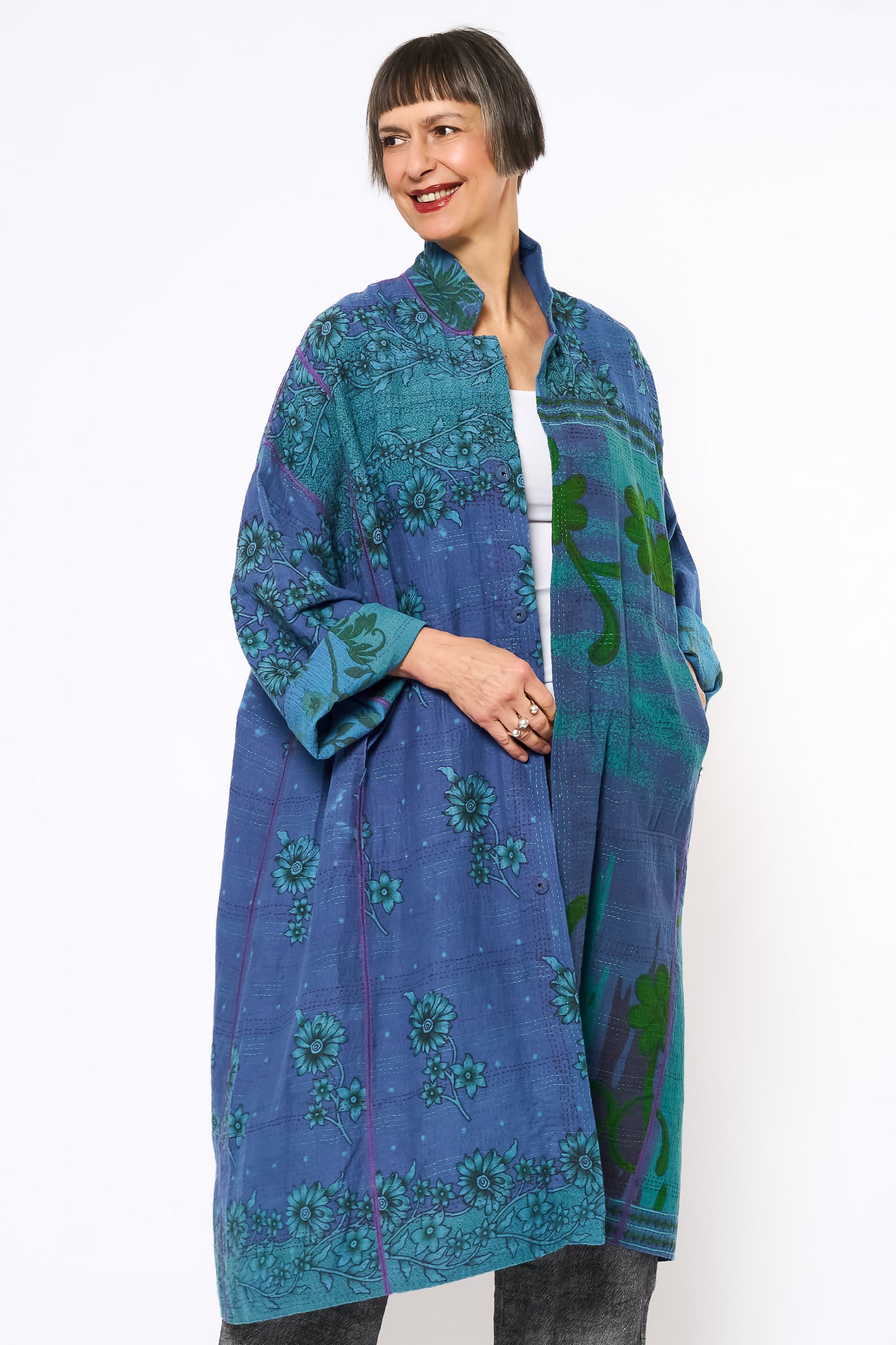 COTTON OVERDYE KANTHA NEW OVERSIZED COAT - ov2342-cblu001a -