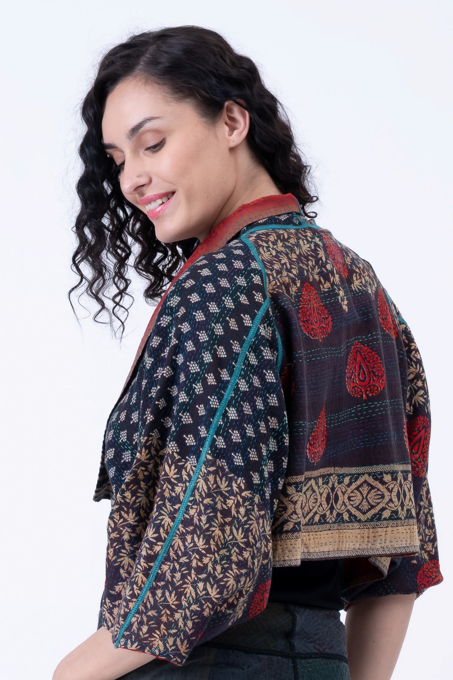 VINTAGE SILK GEORGETTE COTTON KANTHA PUFF SLV. SHRUG - gc2062-0007a -