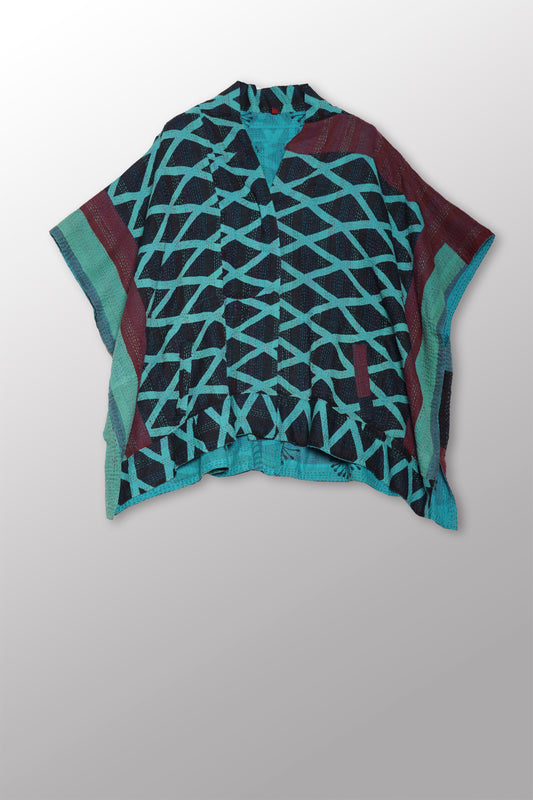 VINTAGE COTTON & NEW VOILE KANTHA PONCHO TOP - cn2568-0002a -