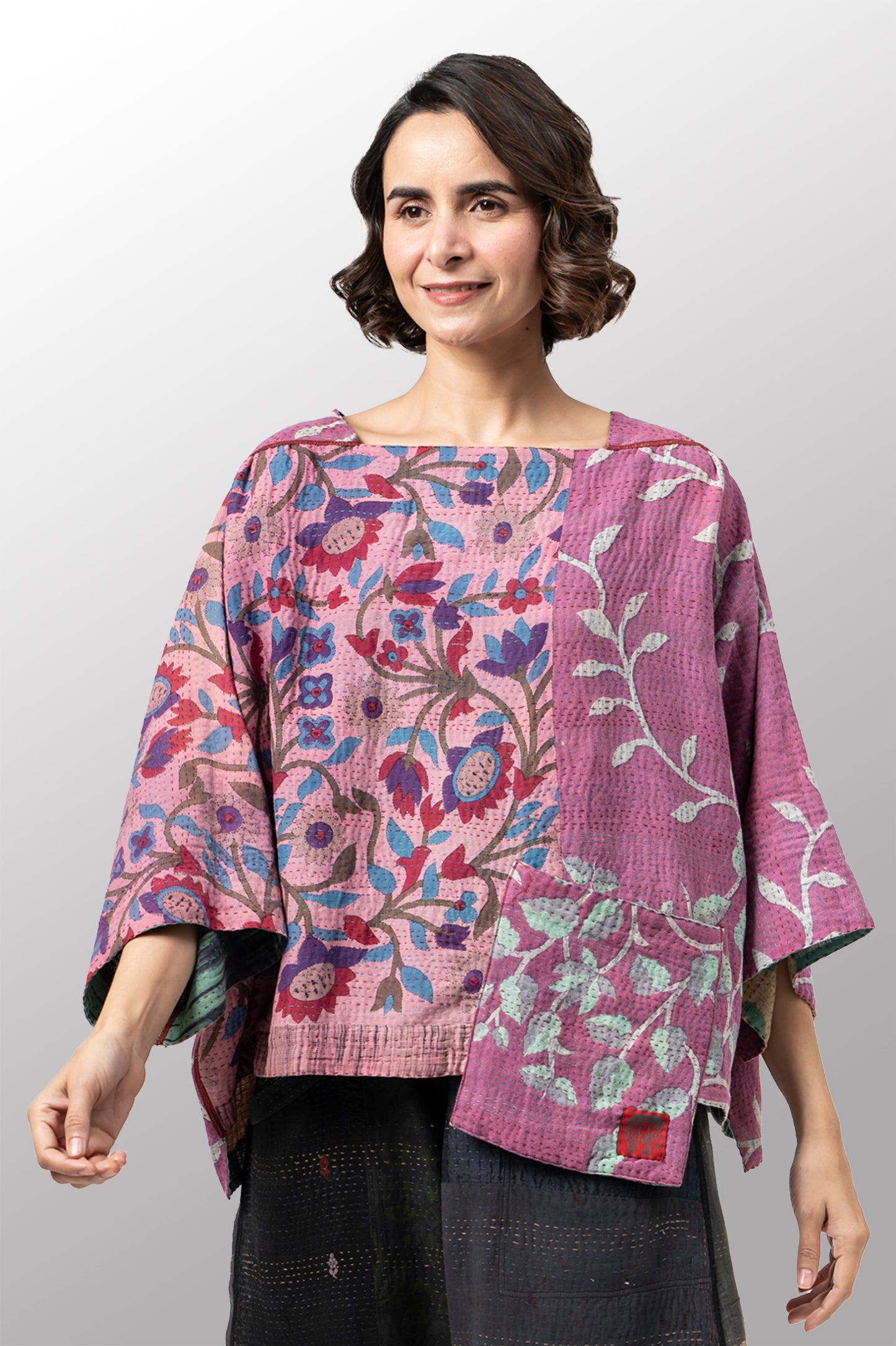 VINTAGE COTTON KANTHA 3/4 SLV. CROP TOP MIO - cv2538-0030a -