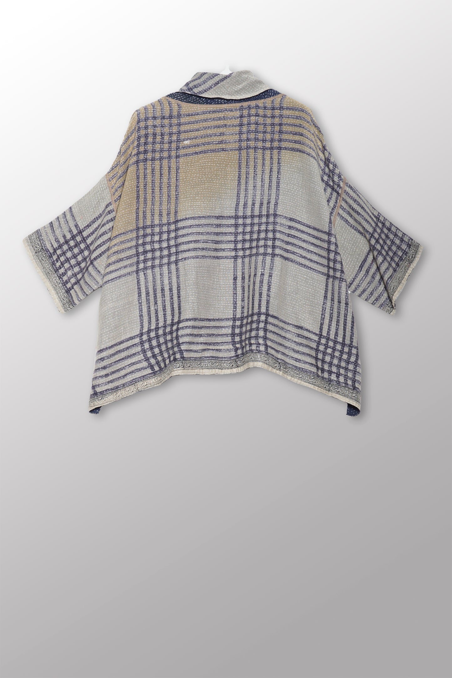 INDONESIAN PRINT VINTAGE INDIGO BACKING KANTHA COWL NECK PONCHO - bi2061-blu -