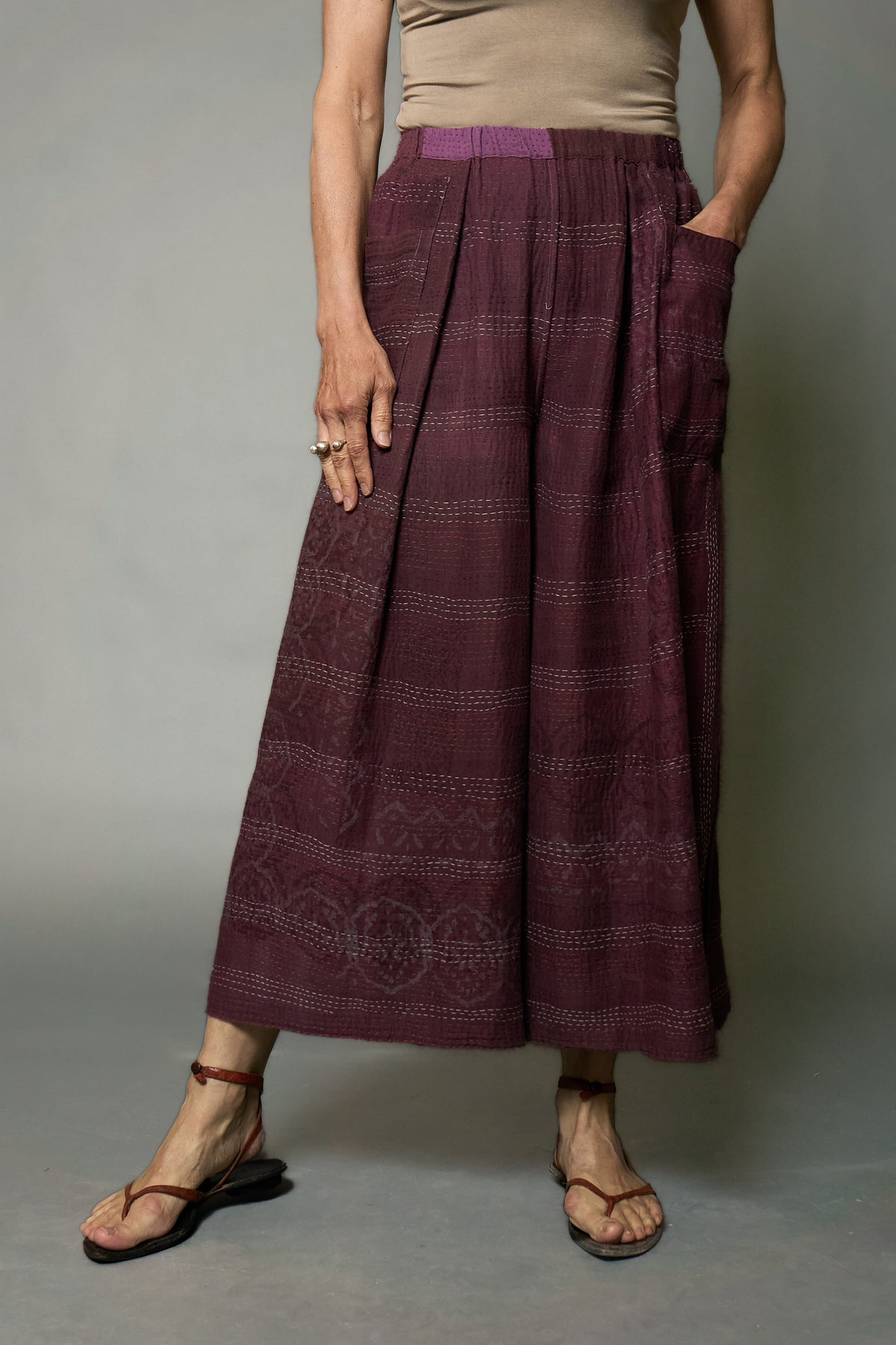 MOSAIC FRAY PATCH KANTHA PLEATED WIDE LEG PANTS - zb2678-prp -