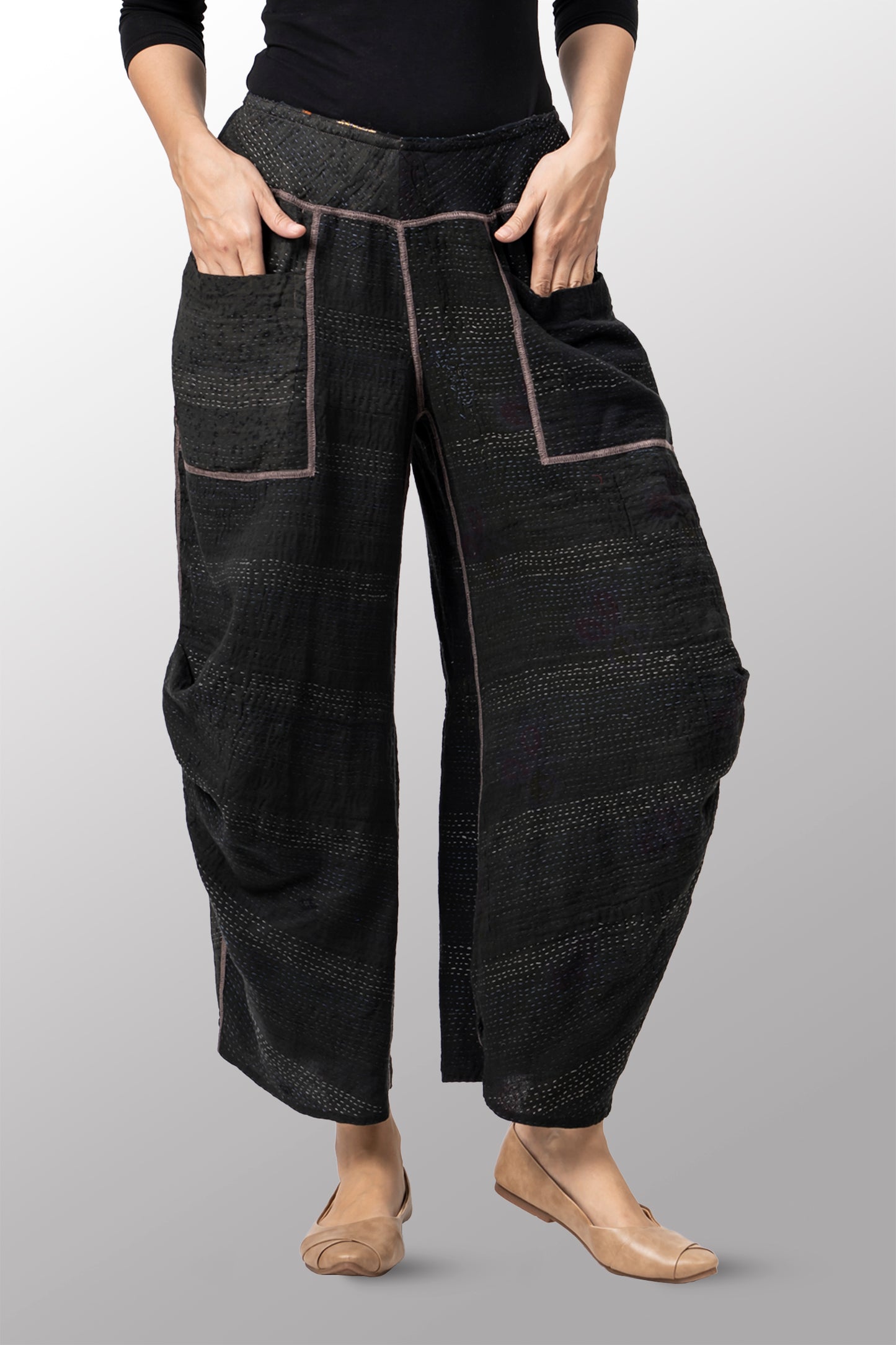 COTTON SILK SW PATCH KANTHA KNEE TUCKED PANTS - ws2625-blk -