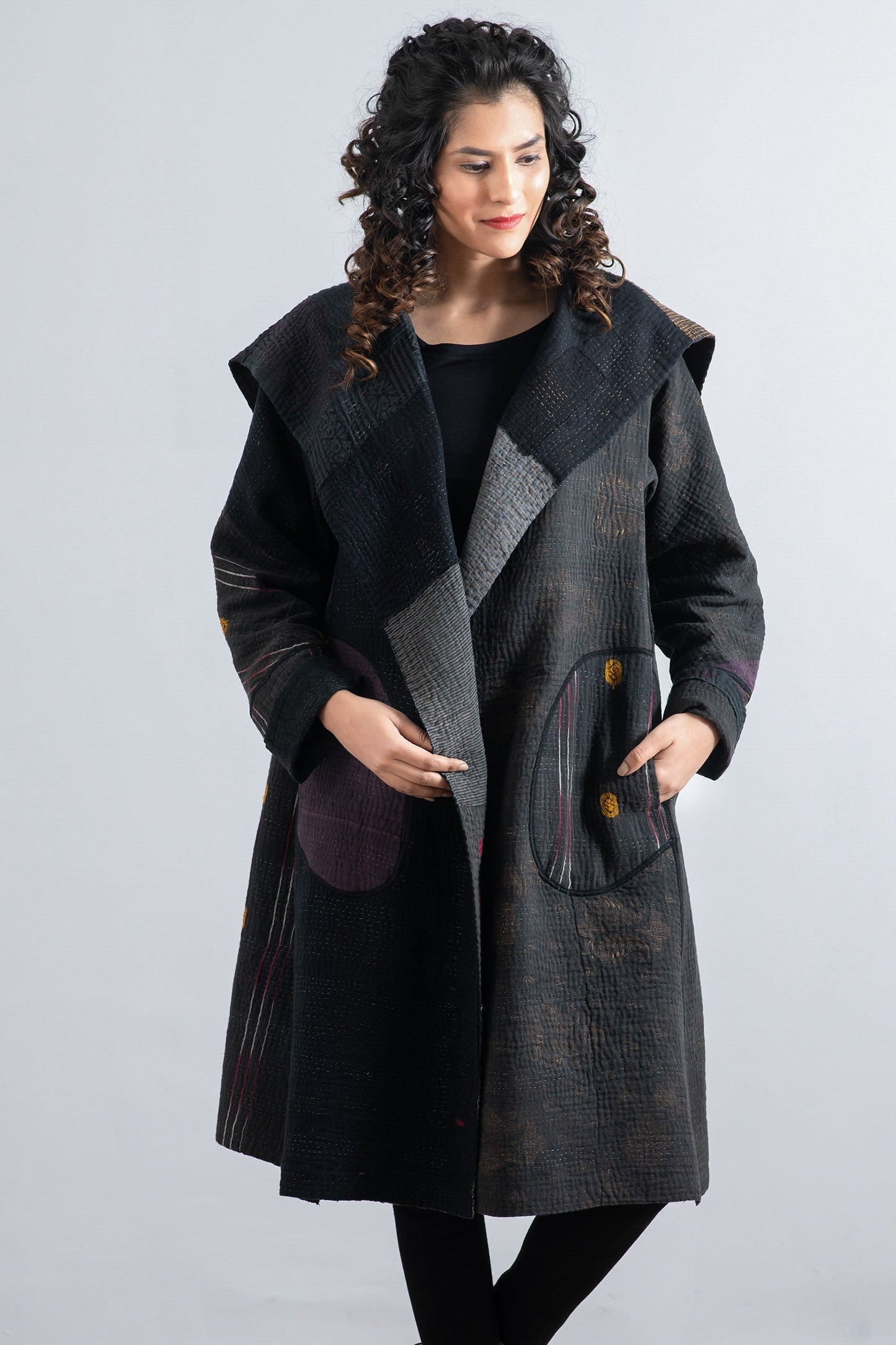 FRAYED PATCH MIX KANTHA A-LINE COAT - fm4309-blk -