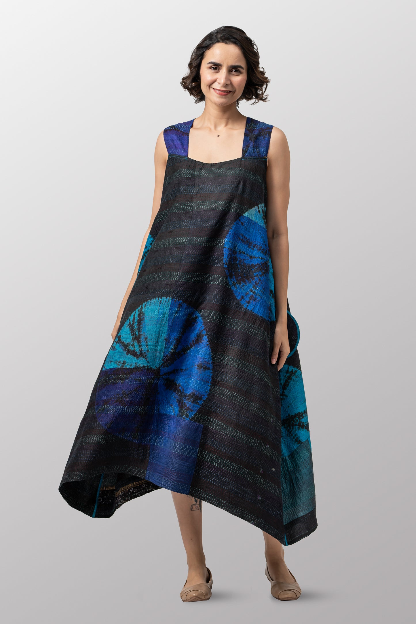 TIE DYE CIRCLE SHIBORI KANTHA TENT DRESS - td2413-blu -