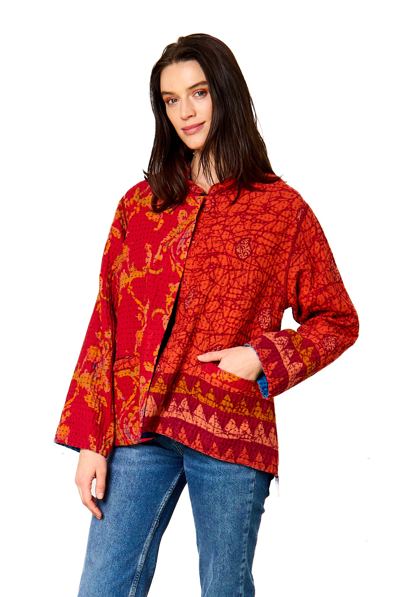 VINTAGE COTTON BBK KANTHA KAFTAN JACKET SHORT - bb4088-0001s -