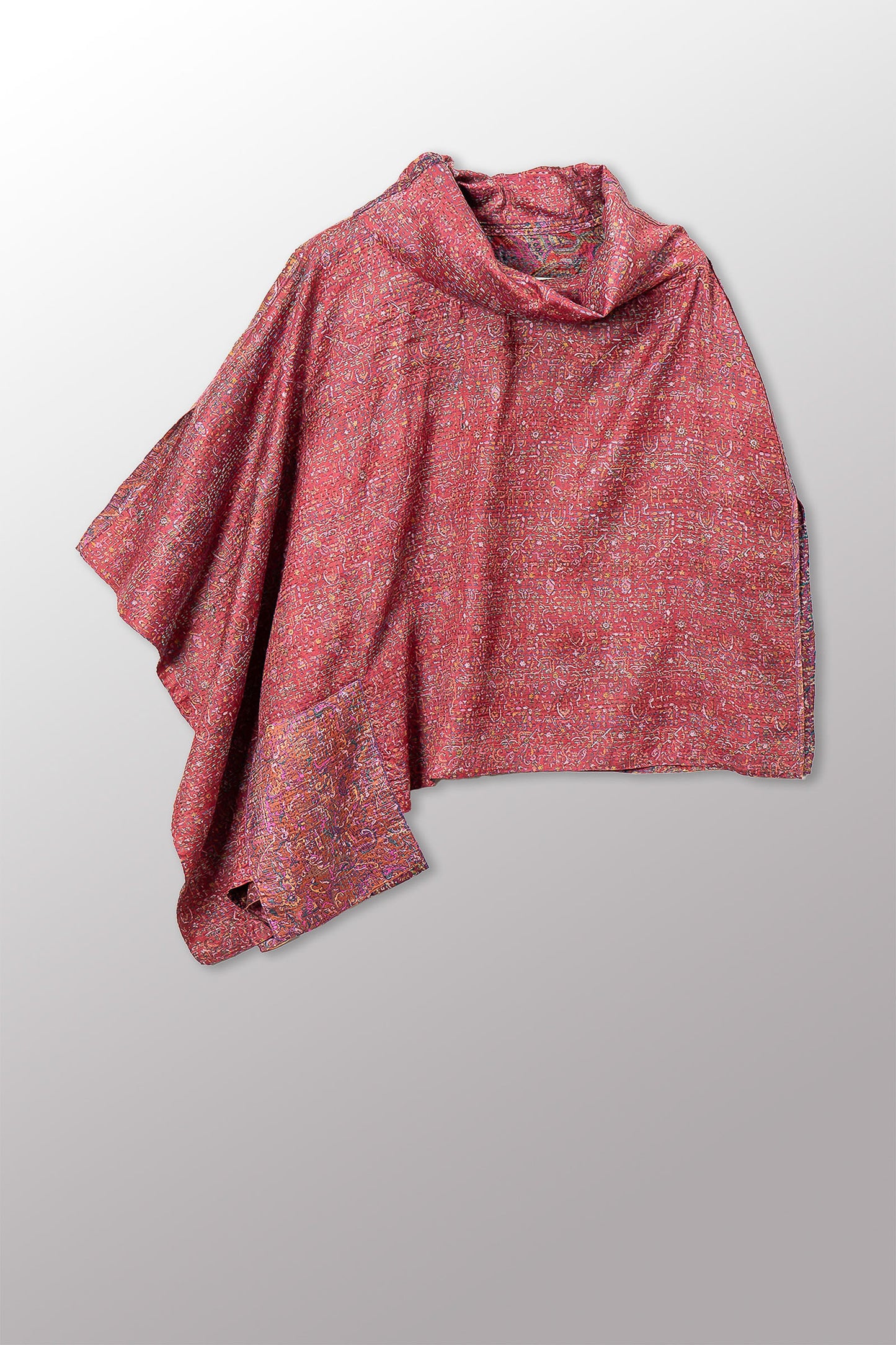 VINTAGE SILK KANTHA COWL NECK LONG CAPE - sv2842-0023a -