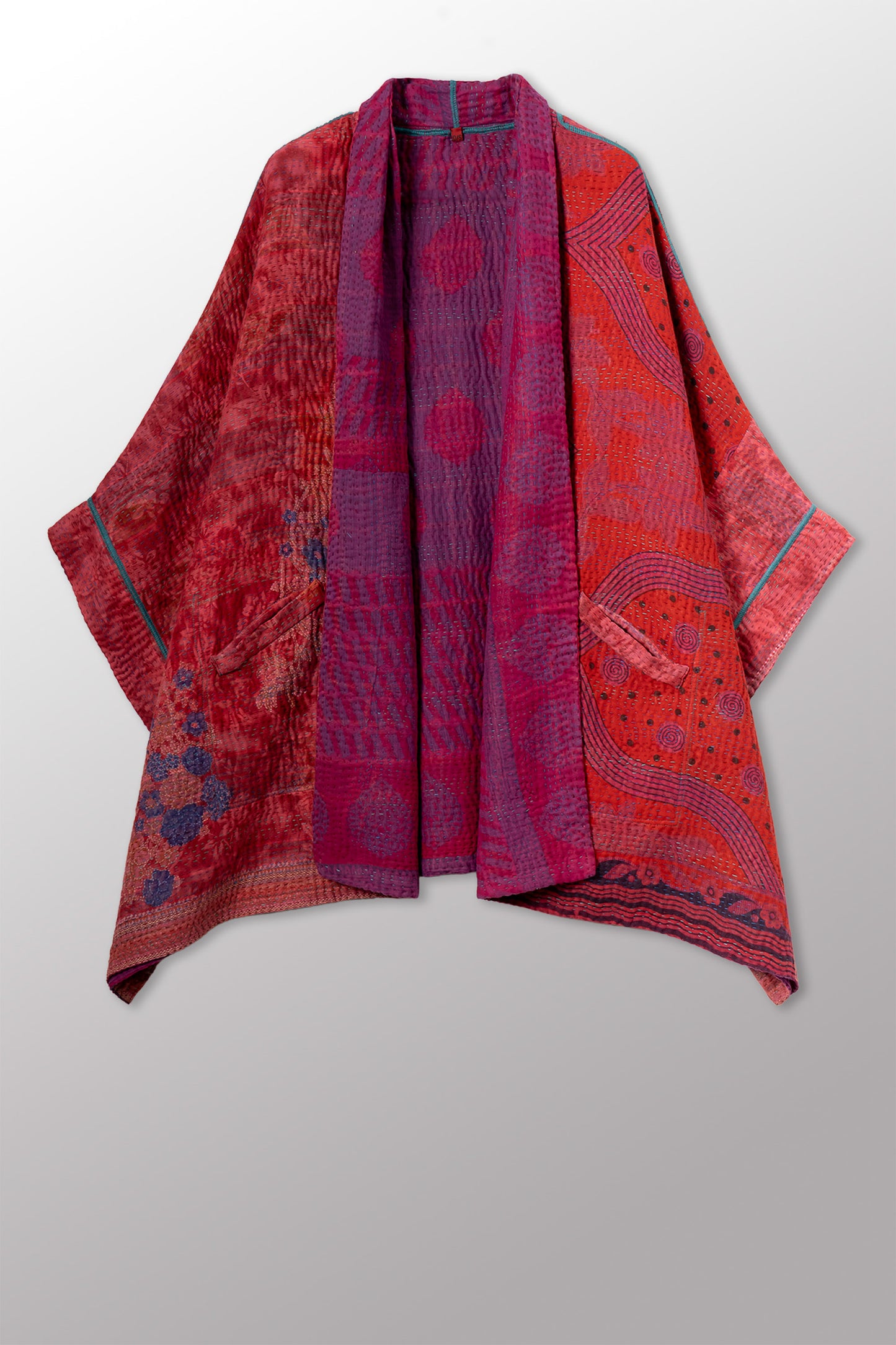 COTTON OVERDYE KANTHA DOUBLE COLLAR PONCHO - ov4323-cfus003a -