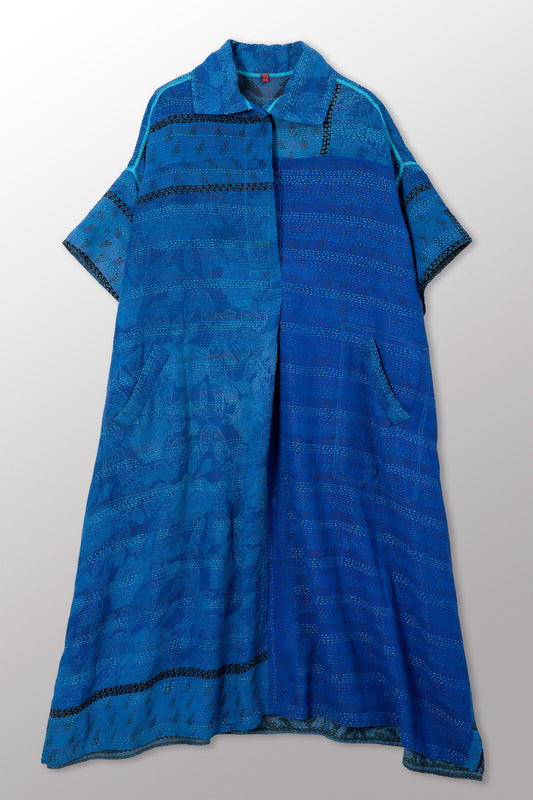 VINTAGE SILK GEORGETTE COTTON KANTHA WING COLLAR DRESS - gc2454-0001a -