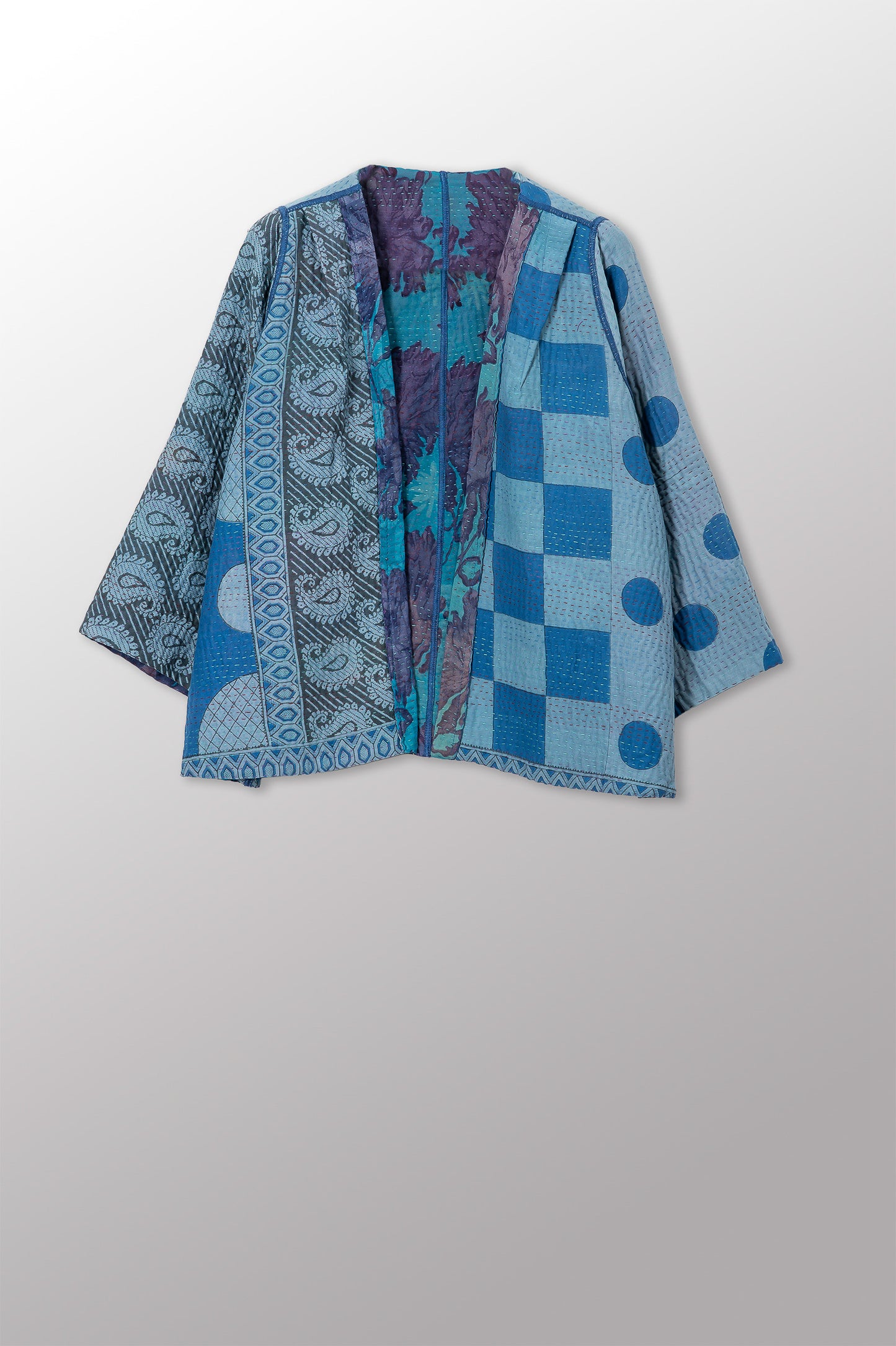 VINTAGE SILK GEORGETTE COTTON KANTHA BELL SHAPE JACKET - gc4048-0001a -