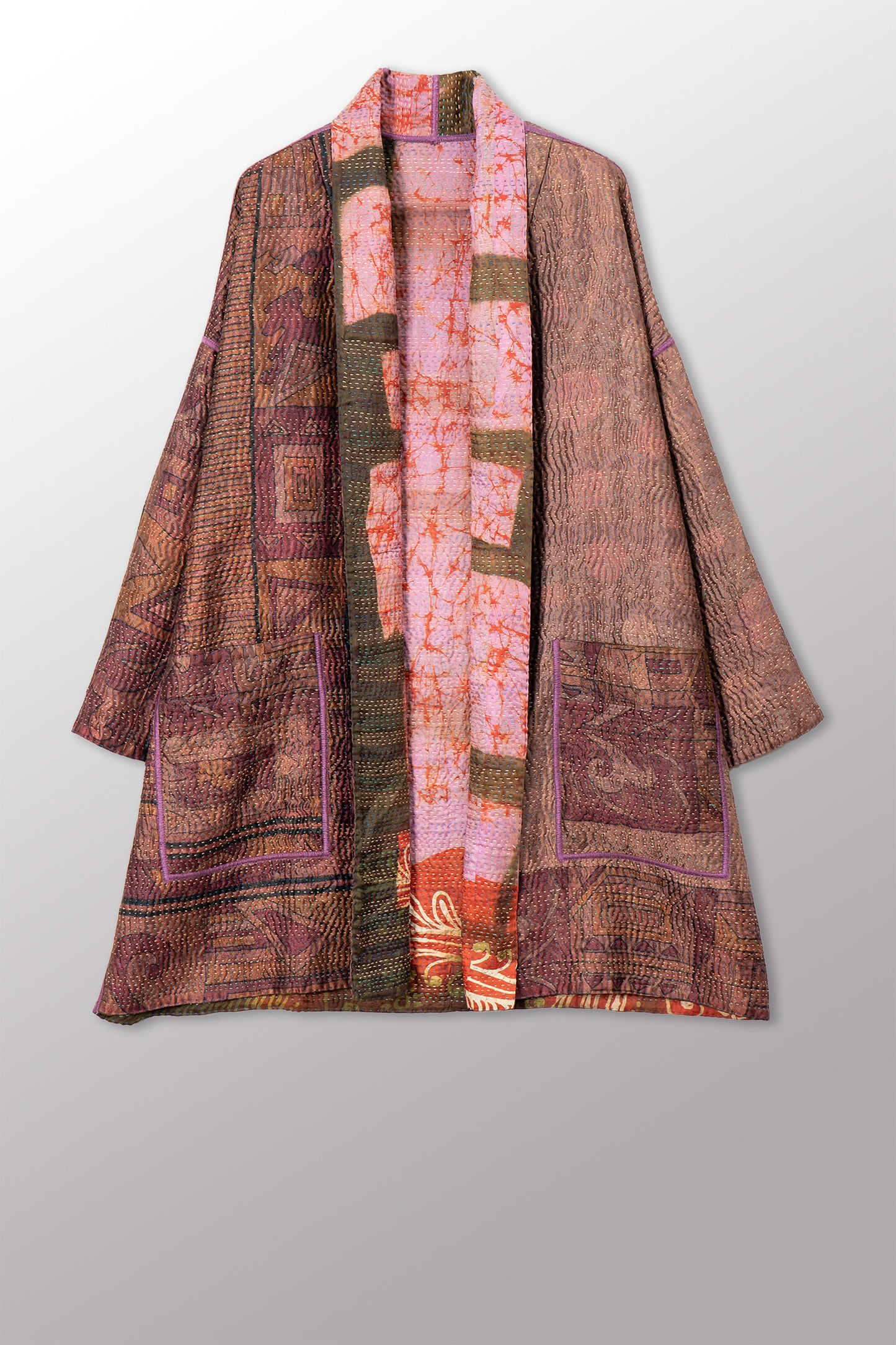 VINTAGE PRINTED SILK CLAMP DYE WITH JACQUARD KANTHA HAORI JACKET - sk4068-0001a -