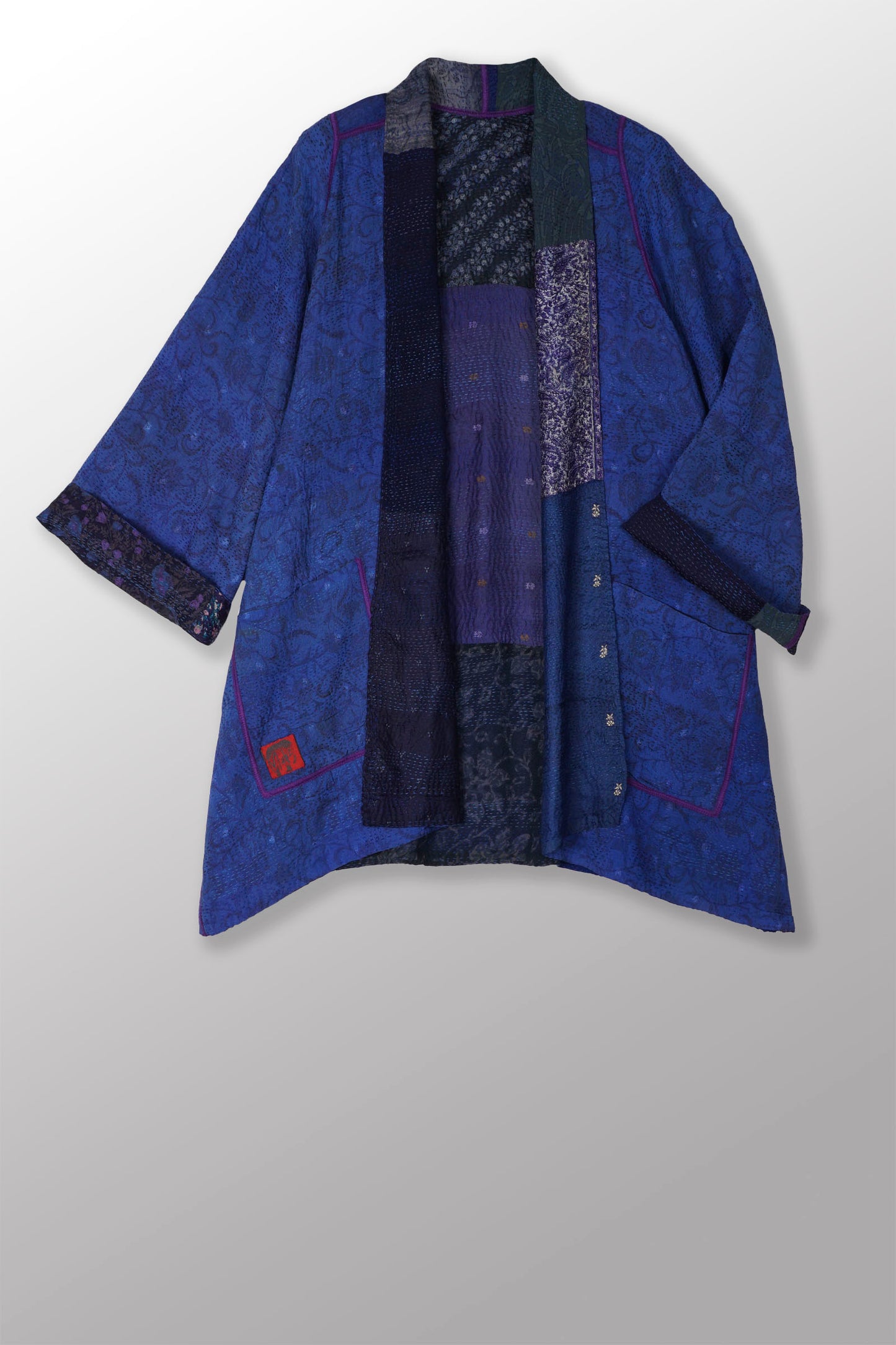 GEORGETTE VINTAGE SILK PATCH KANTHA A-LINE JKT - gs2003-nvy -