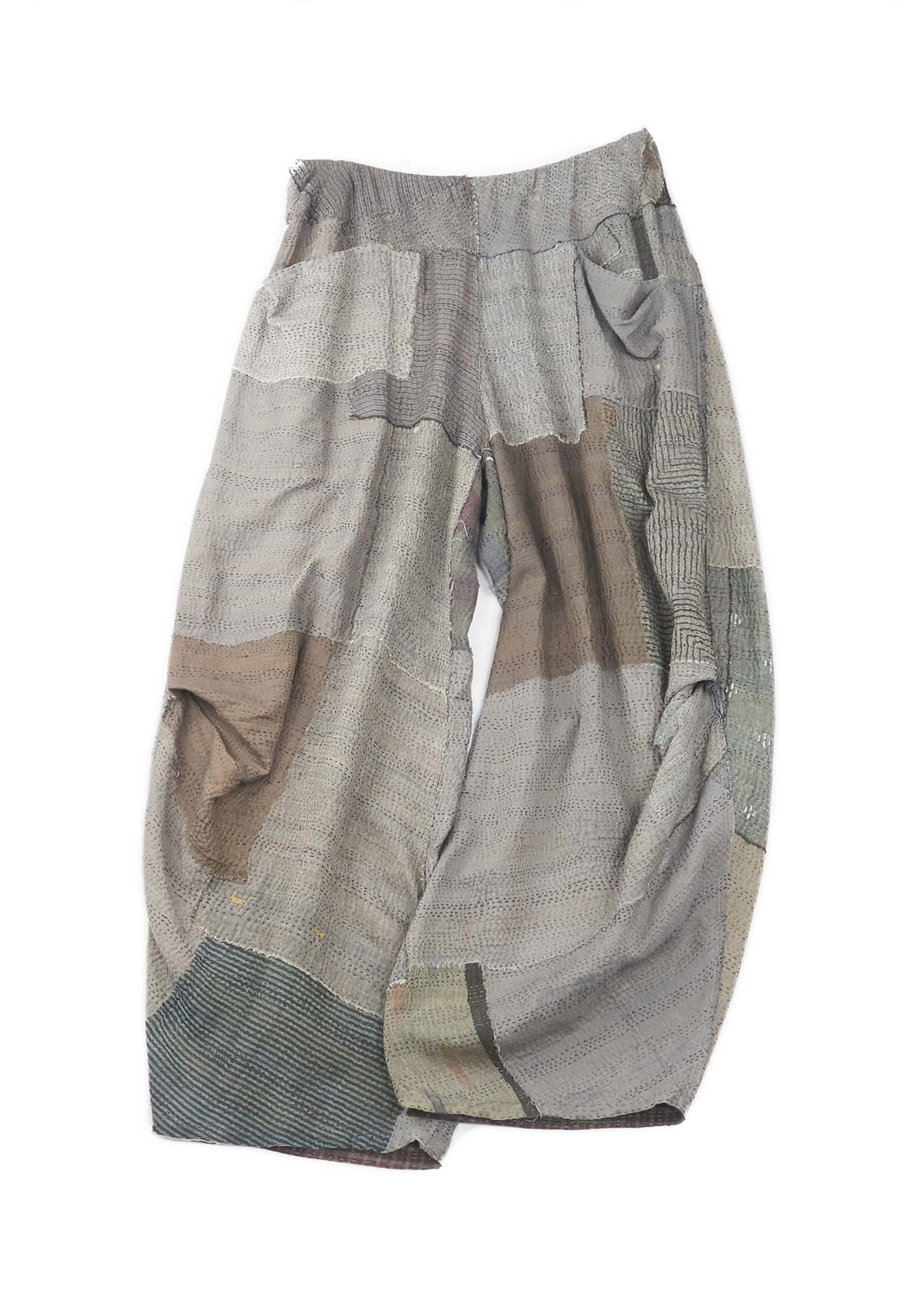 FRAYED PATCH KANTHA KNEE TUCKED PANTS - fi2625-gry -