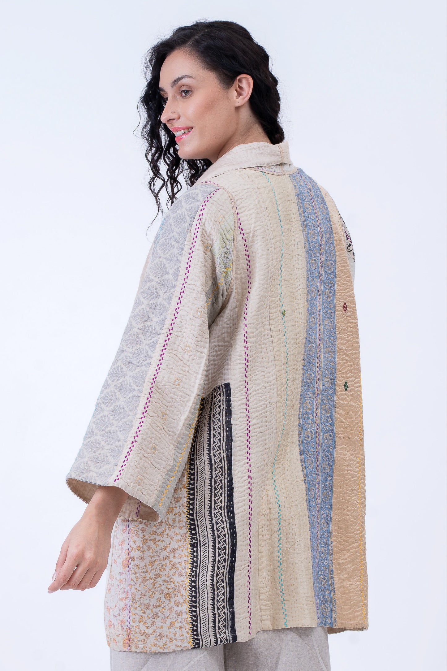 JEWEL WOVEN WITH VERTICAL PATCH KANTHA A-LINE JACKET - jv4003-ivy -