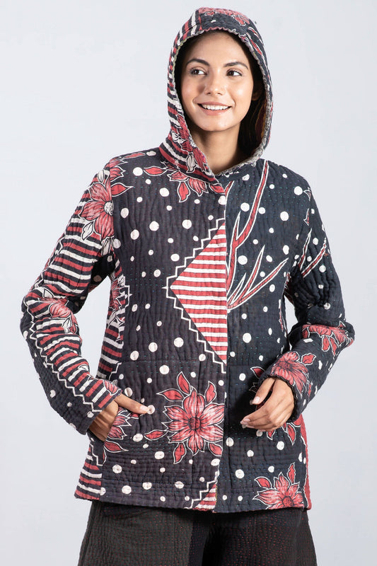 QUILTED VINTAGE COTTON KANTHA HOODED FIT JKT - cq5054-0005l -