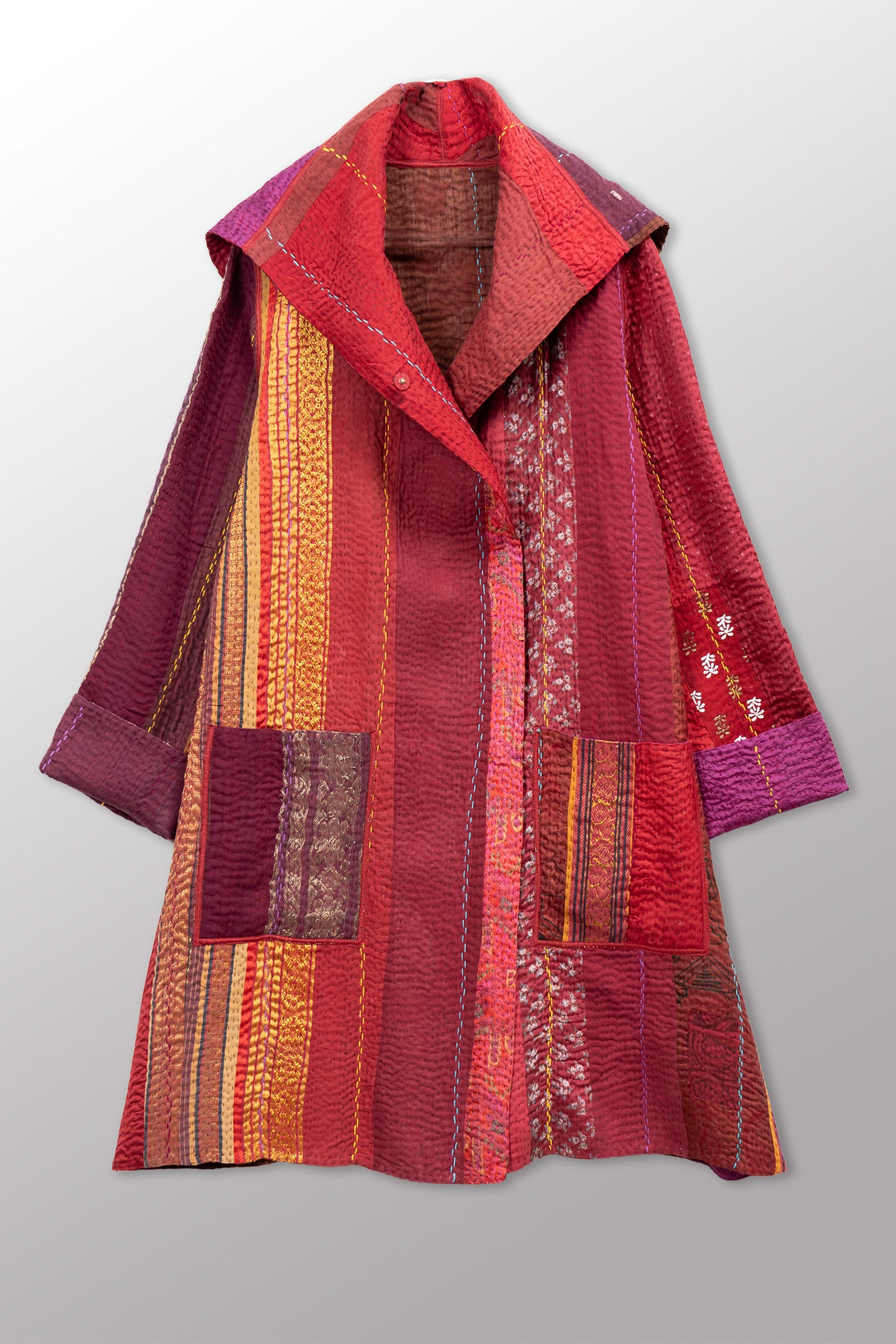 JEWEL WOVEN WITH VERTICAL PATCH KANTHA POCKET MEDIUM COAT - jv4316-red -