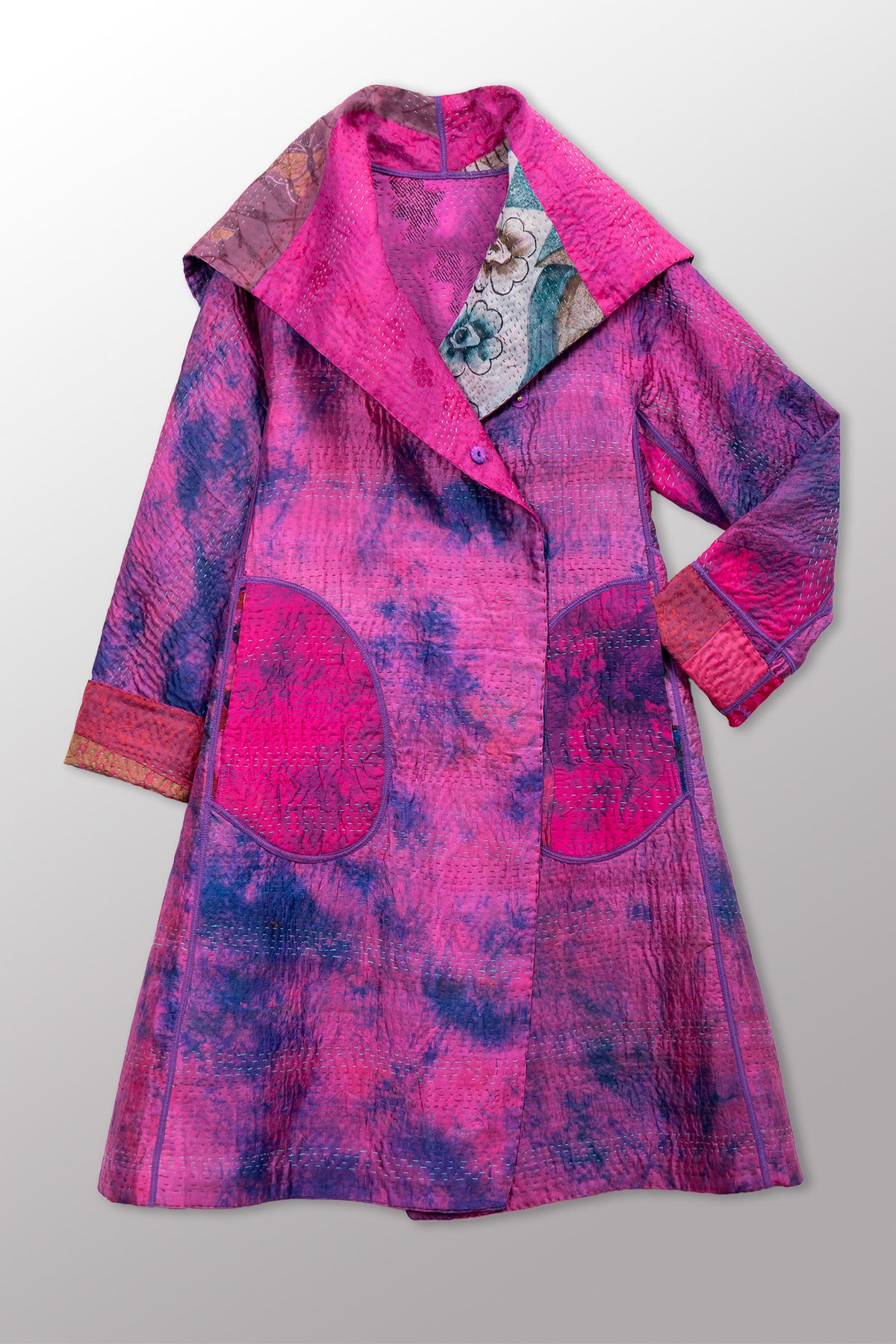 GEORGETTE JACQUARD VINTAGE SILK PATCH KANTHA A-LINE COAT - gj4309-pik -