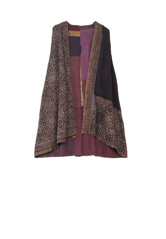 AJRAKH & COTTON OMBRE PATCH KANTHA BACK PLEATED VEST - ac2221-brn -