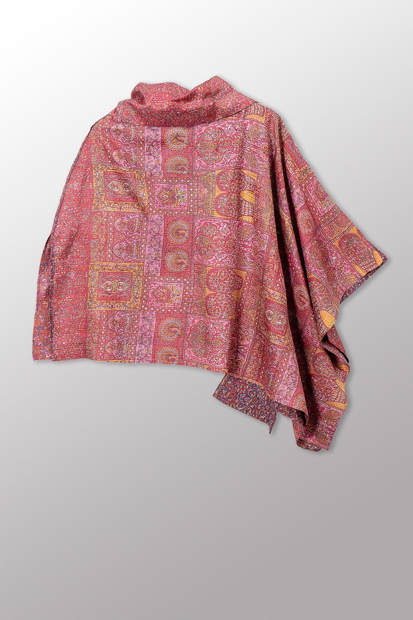 VINTAGE SILK KANTHA COWL NECK LONG CAPE - sv2842-0023a -