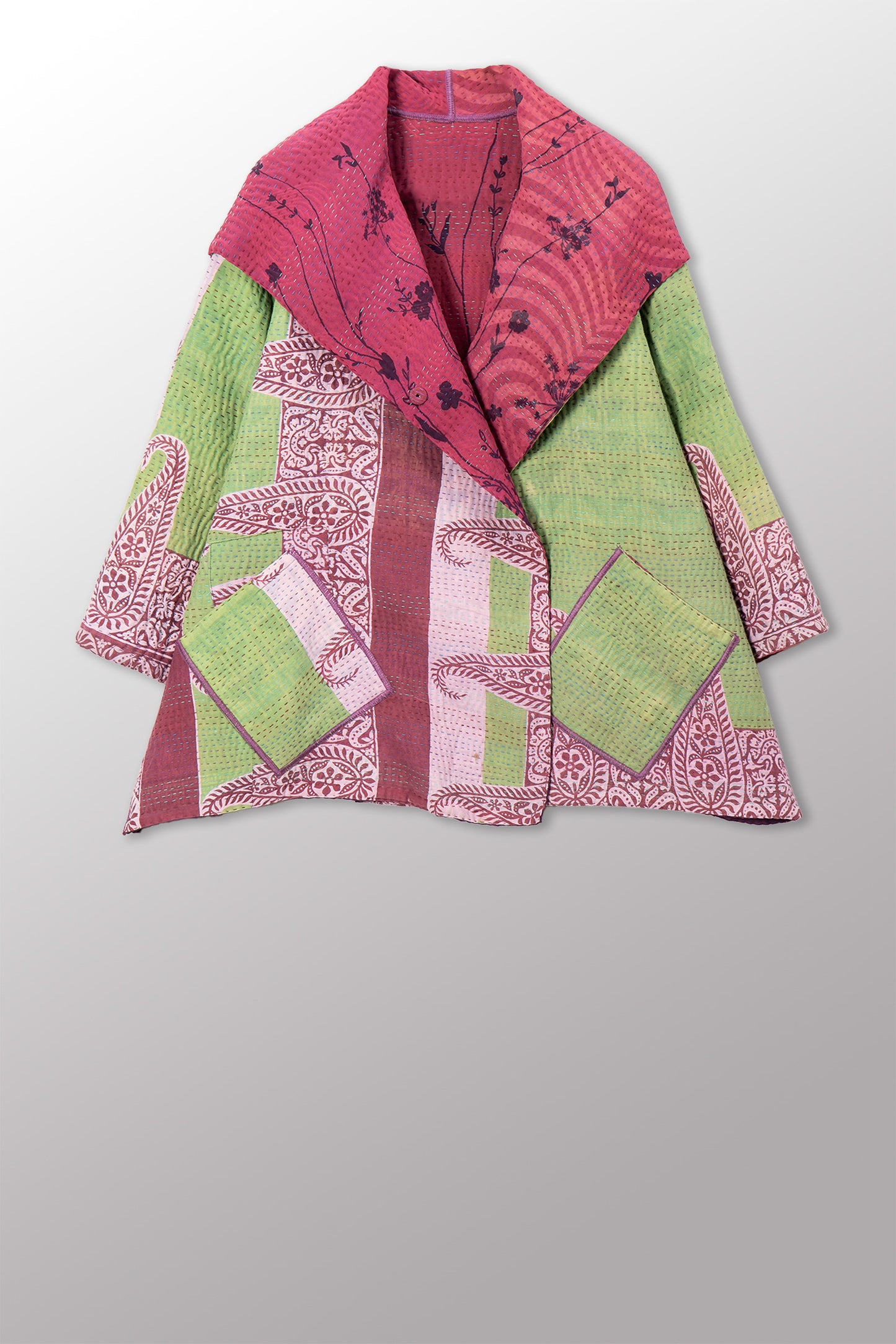 VINTAGE SILK GEORGETTE COTTON KANTHA FLARE JACKET - gc4010-0002a -