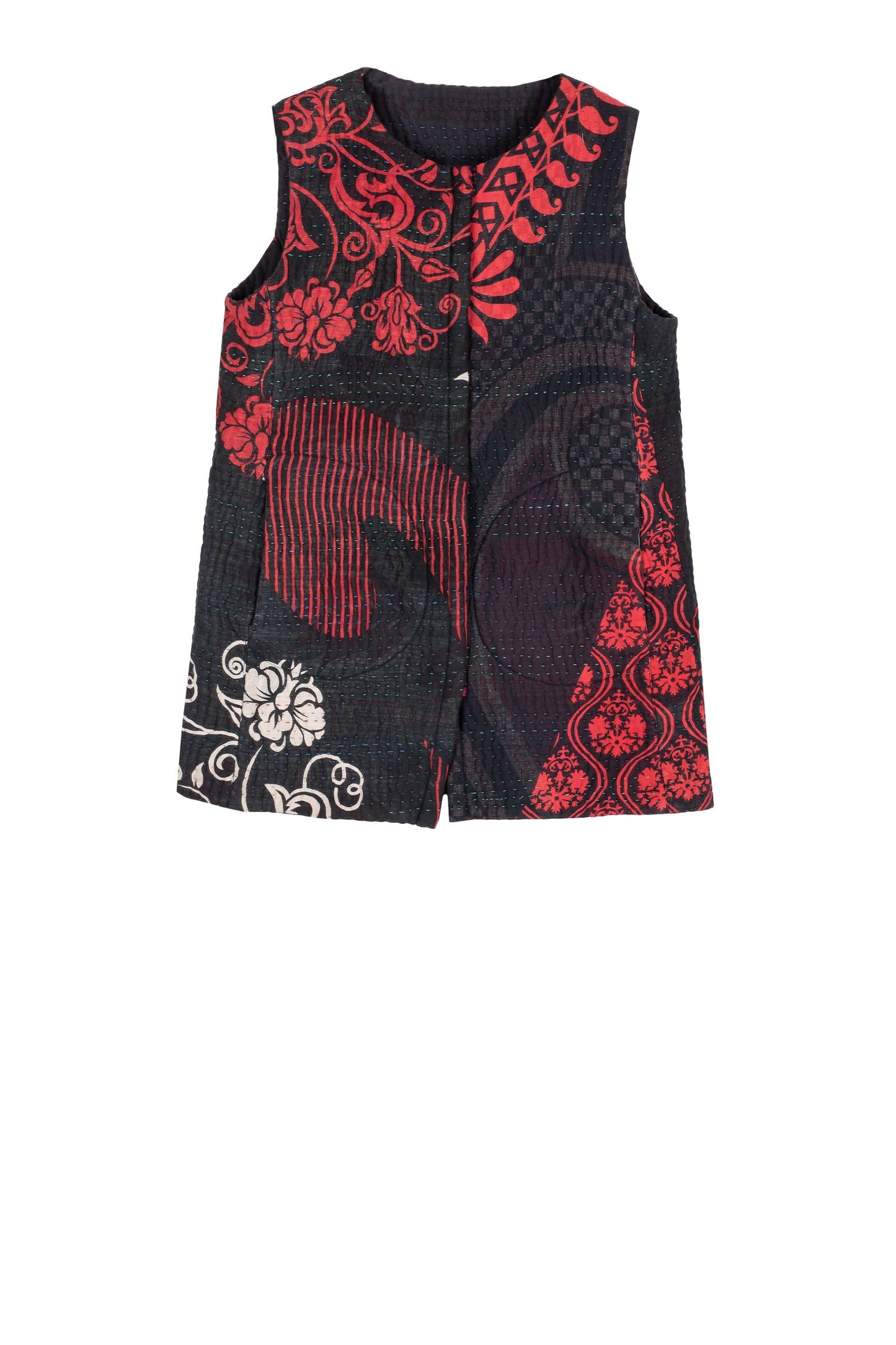 QUILTED VINTAGE COTTON KANTHA CREW NECK FITTED VEST MEDIUM