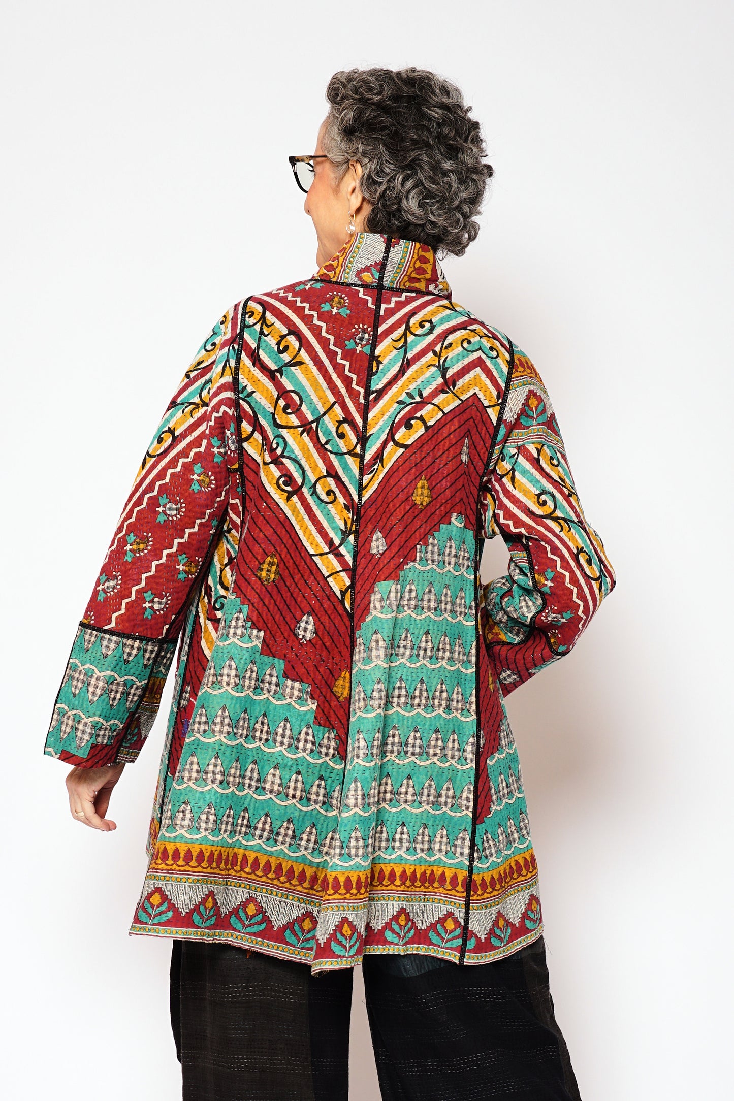 VINTAGE COTTON KANTHA FLARE LONG JACKET - cv4021-5002s -