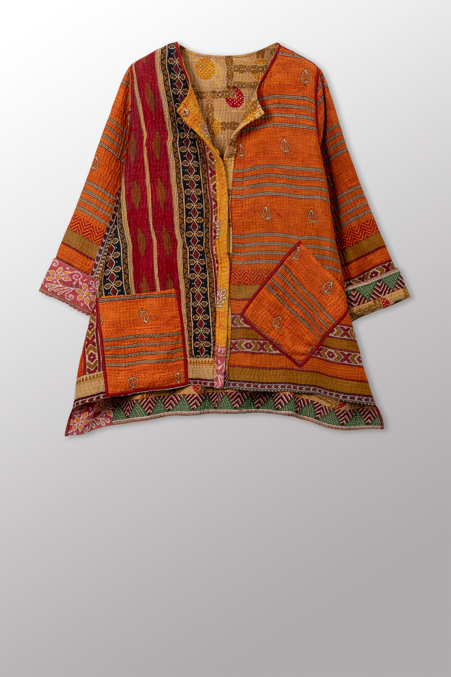 VINTAGE COTTON KANTHA CREW NECK POCKET JACKET - cv4025-0017a -