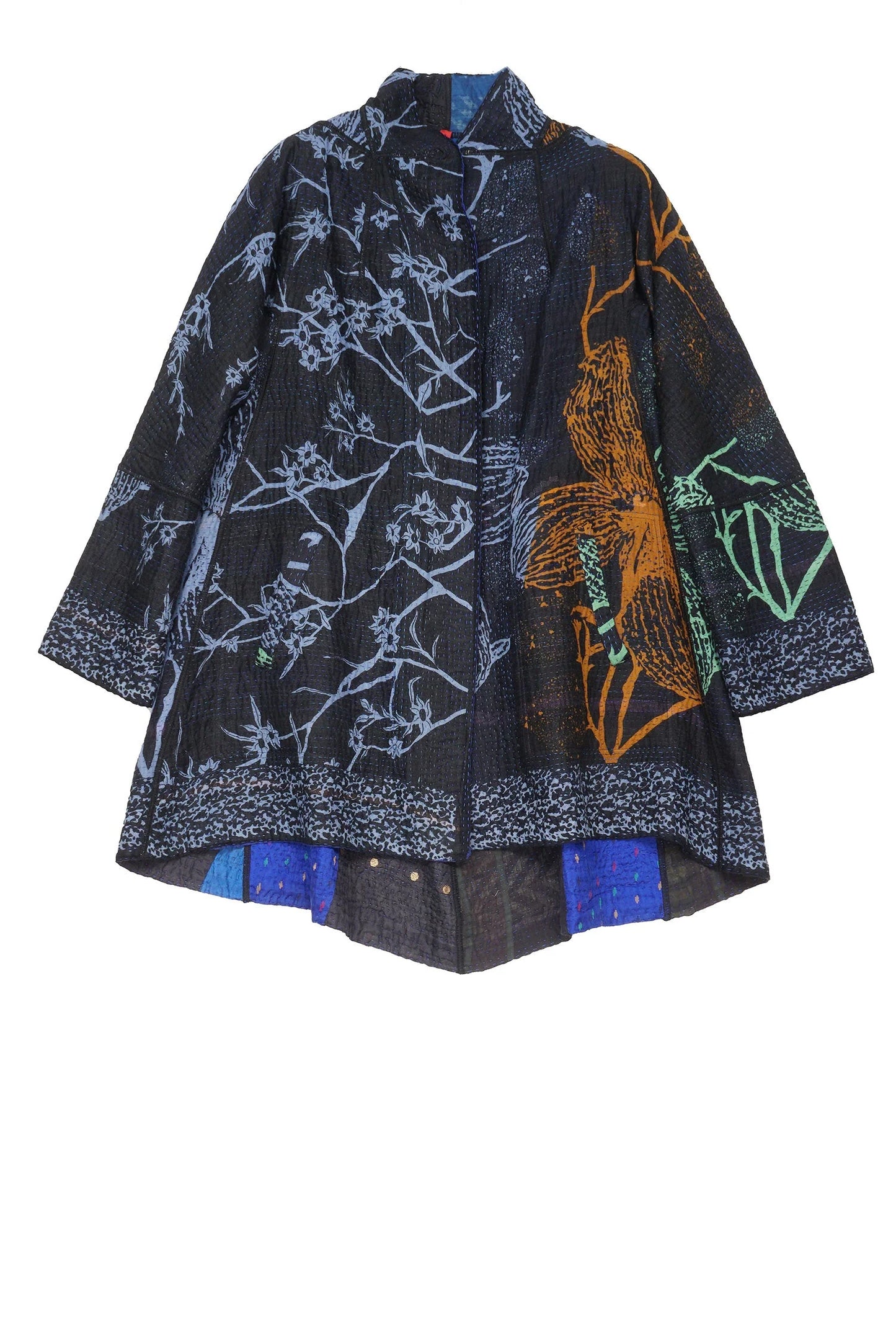 NIGHT FLOWERS KANTHA FLARE LONG JKT - nl4021-blu -