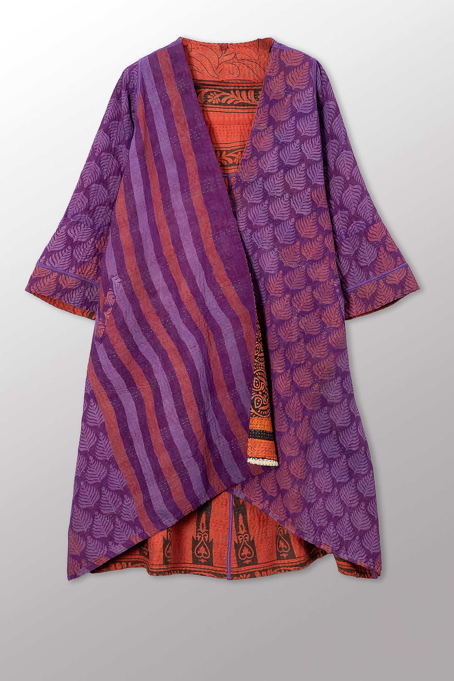VINTAGE SILK GEORGETTE COTTON KANTHA WRAP FLARE COAT - gc4330-0002a -