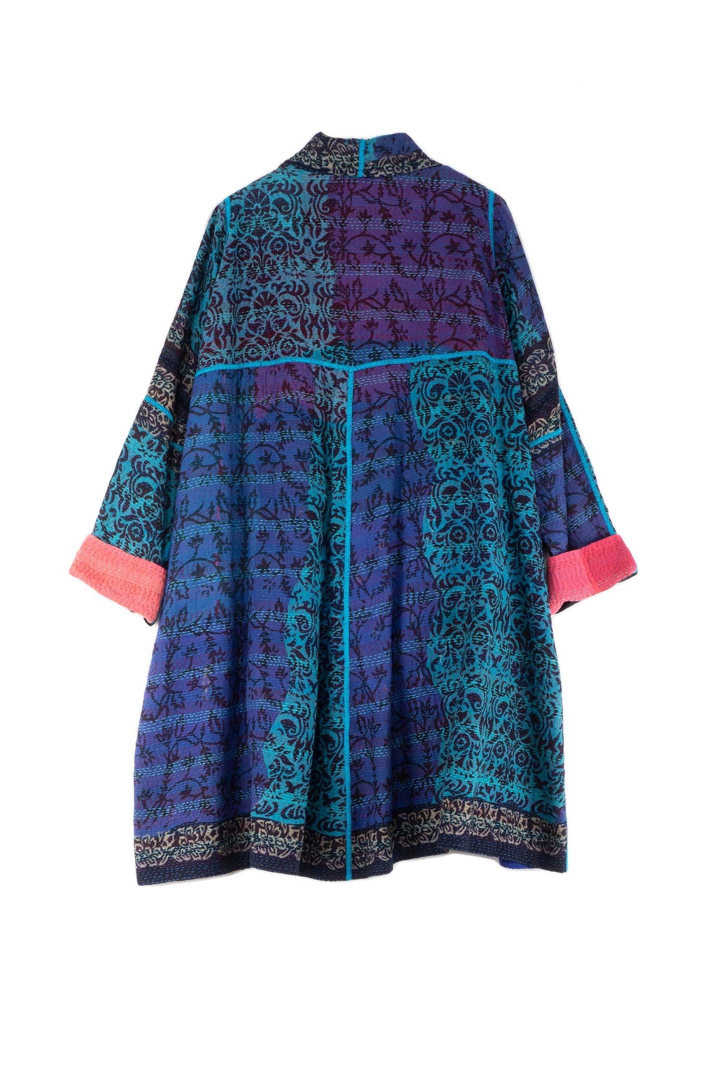 BAGH PRINT KANTHA A-LINE DUSTER - bg2311-blu -