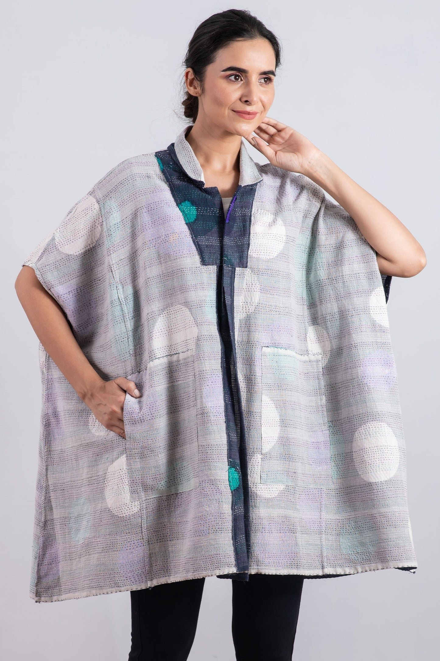 CUT OUT KANTHA SHIRT PONCHO - ck2545-blu -